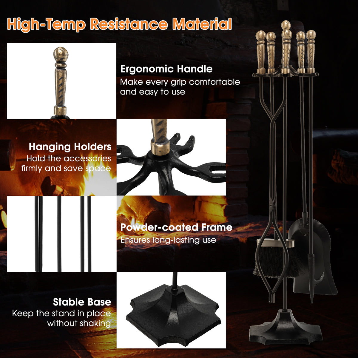 31 inch 5 Pieces Metal Fireplace Tool Set with Stand-Bronze-Fireplace Tools-DECOROLALA