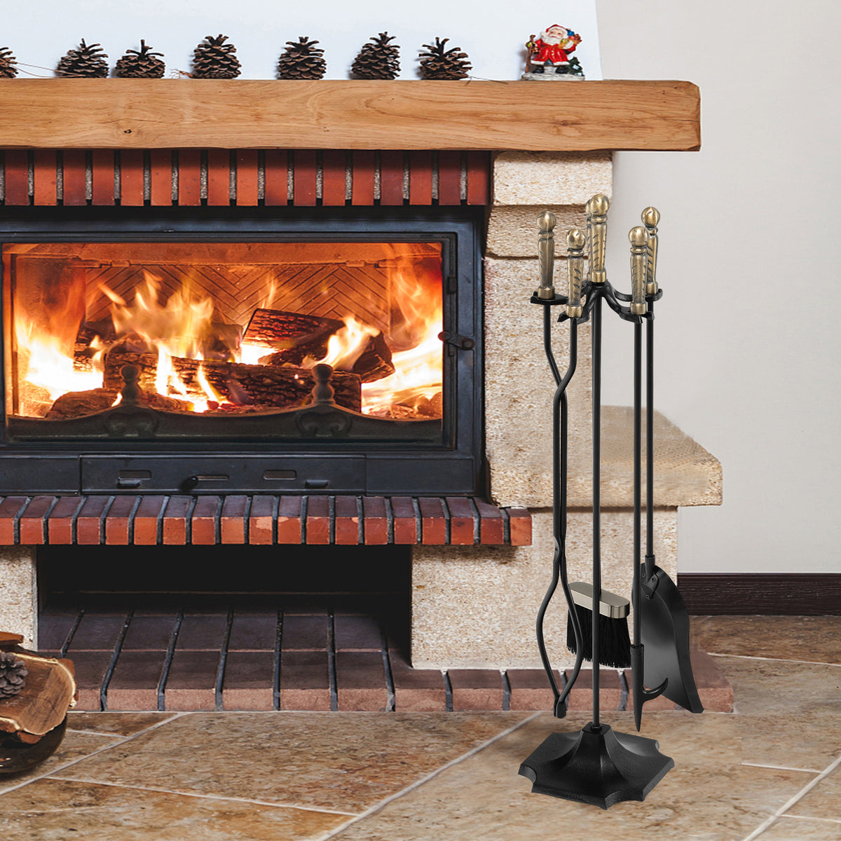 31 inch 5 Pieces Metal Fireplace Tool Set with Stand-Bronze-Fireplace Tools-DECOROLALA