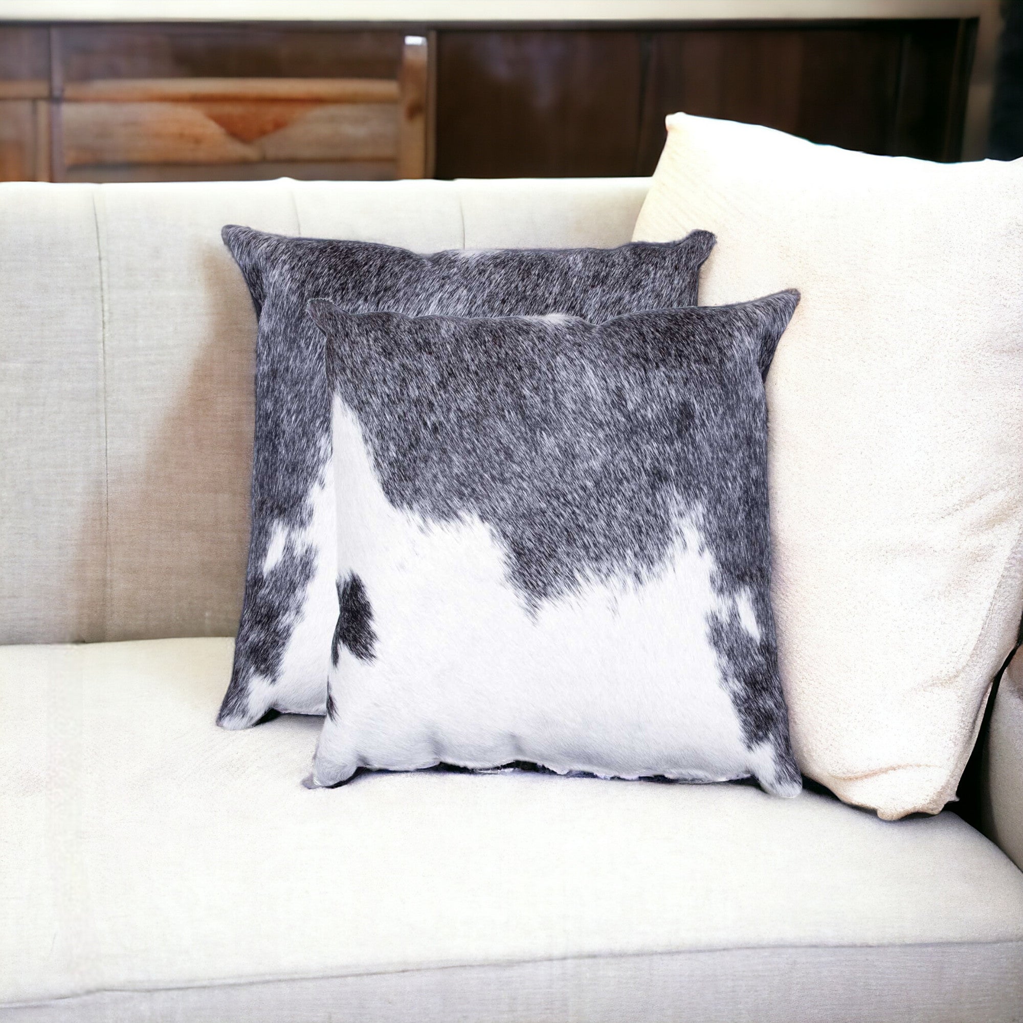 Set of Two 18" Gray and White Cowhide Throw Pillow-Accent Throw Pillows-DECOROLALA