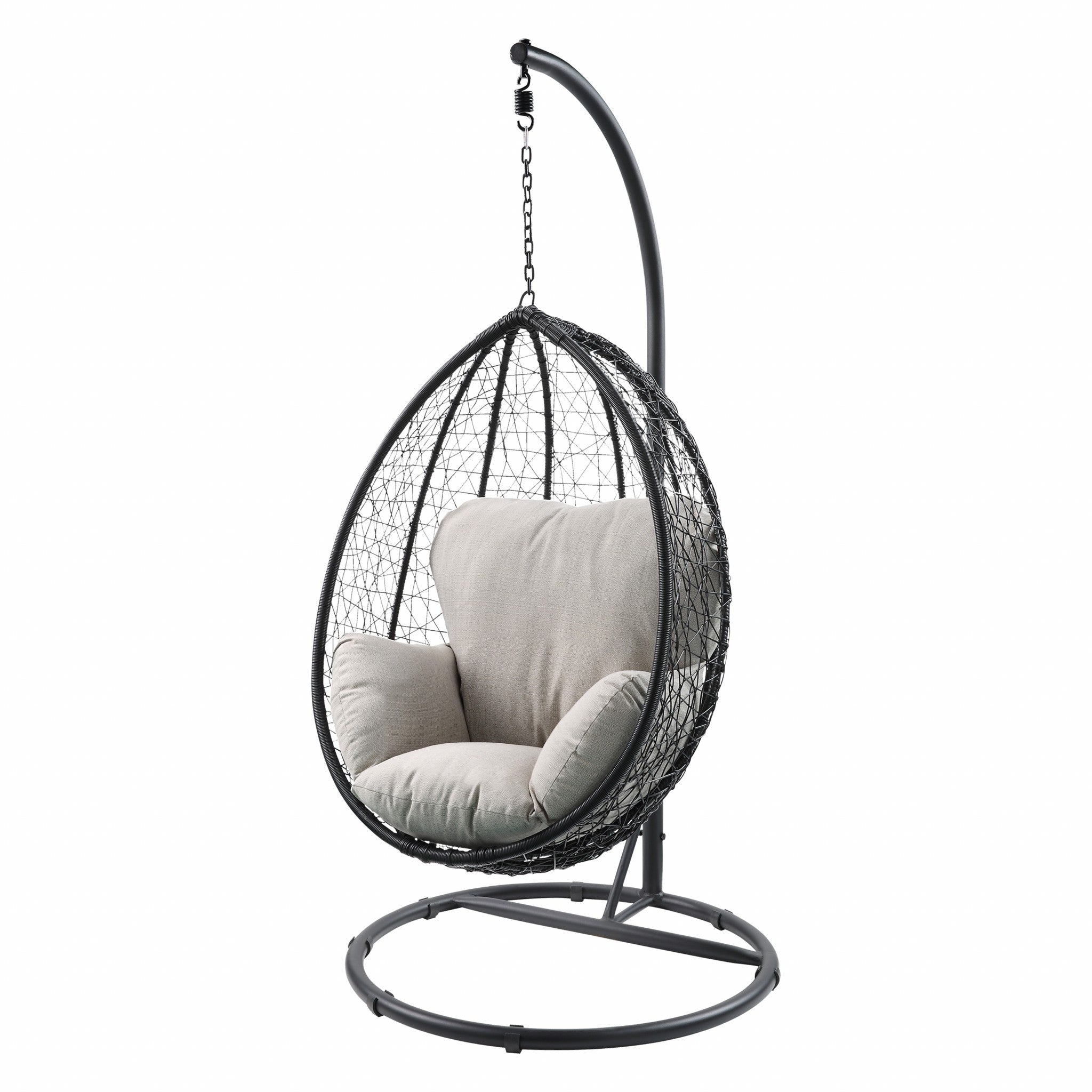 38" Black Metal Swing Chair With Beige Cushion-Outdoor Chairs-DECOROLALA