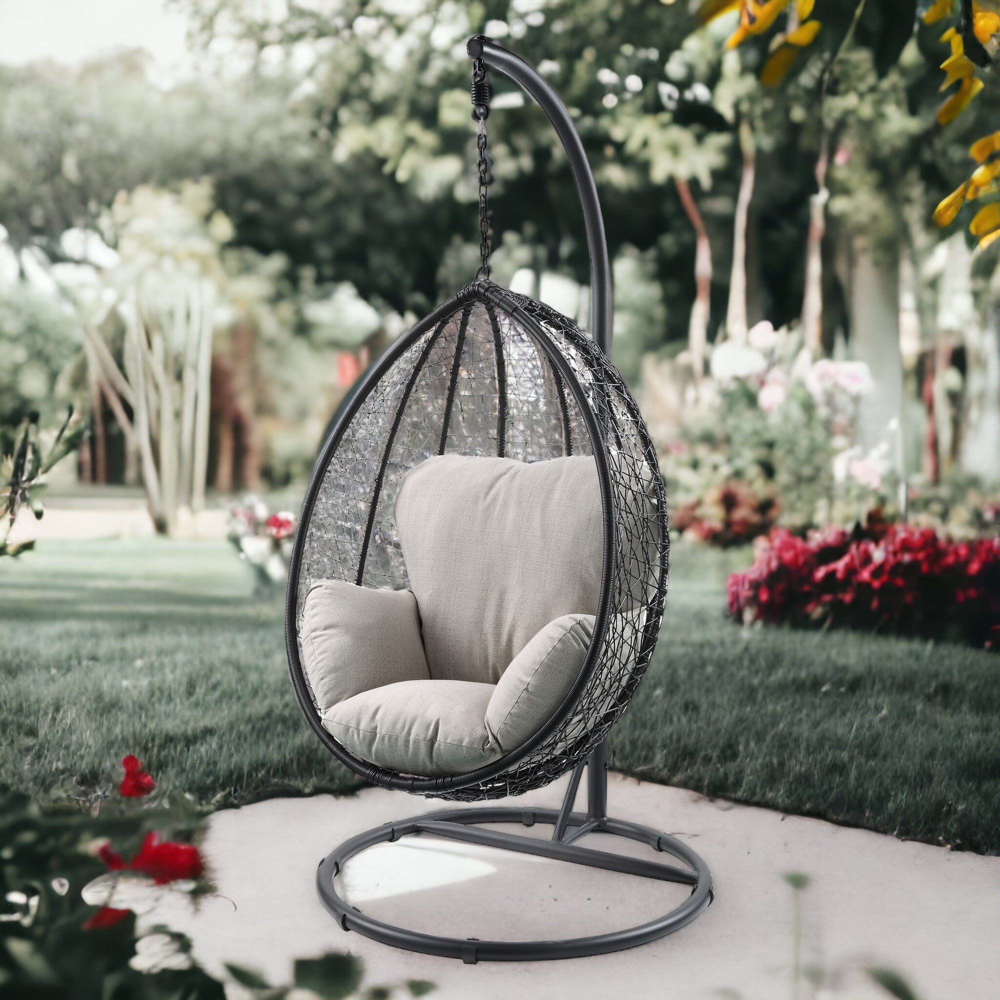 38" Black Metal Swing Chair With Beige Cushion-Outdoor Chairs-DECOROLALA