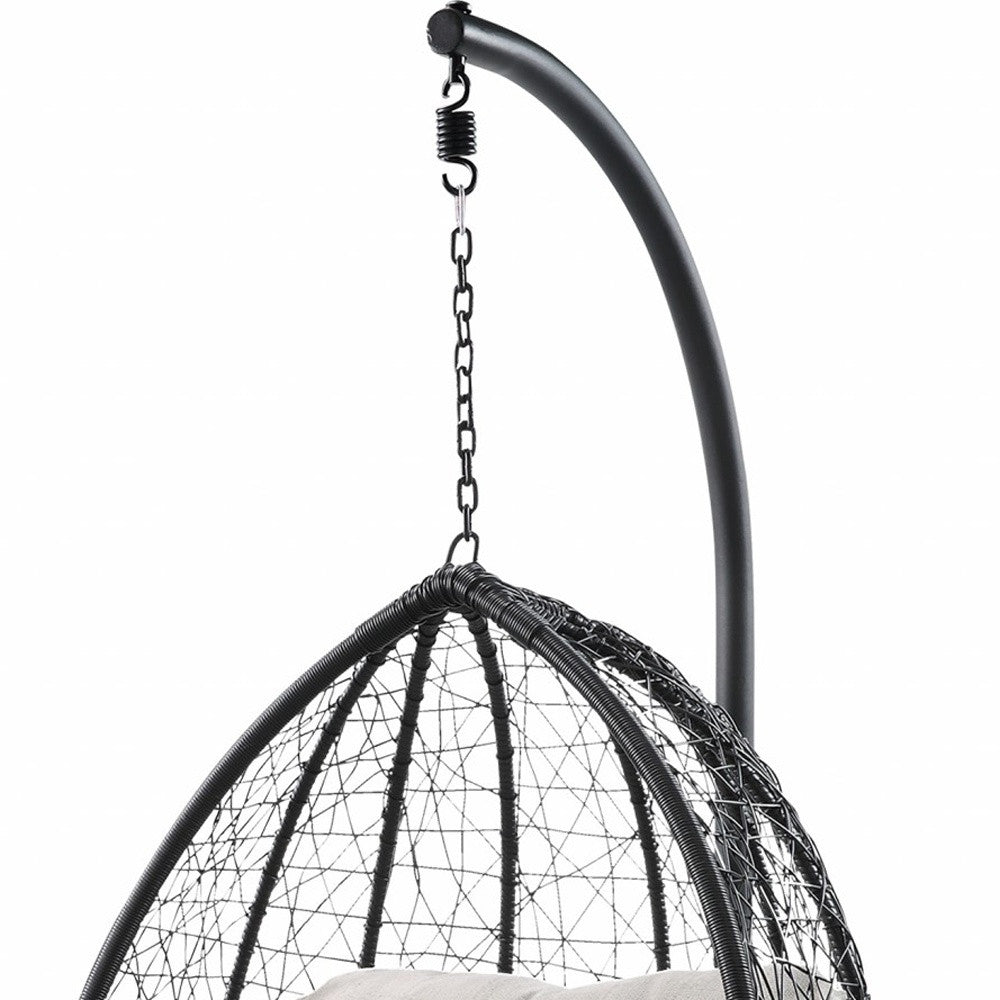 38" Black Metal Swing Chair With Beige Cushion-Outdoor Chairs-DECOROLALA