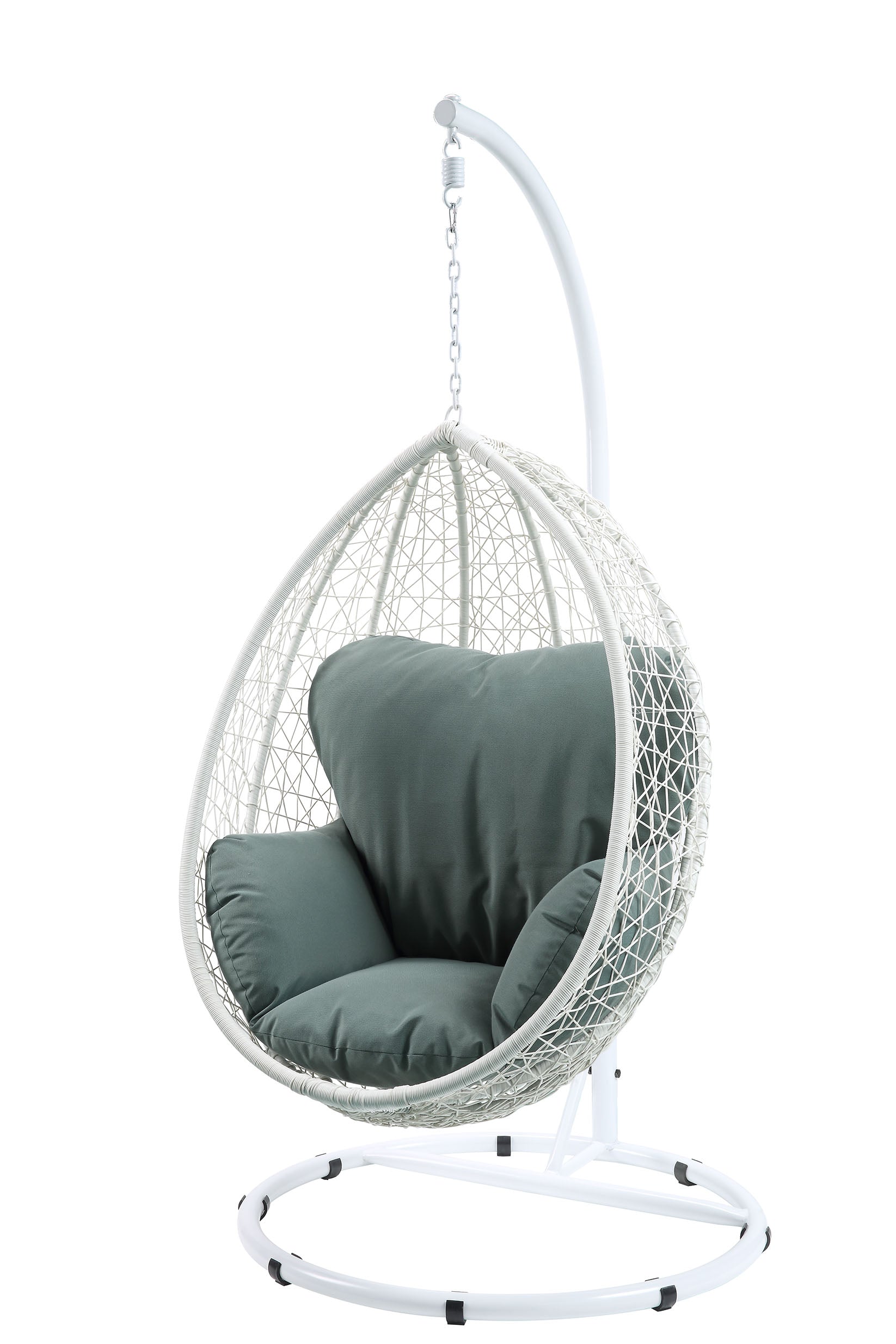 38" White Metal Swing Chair With Green Cushion-Outdoor Chairs-DECOROLALA