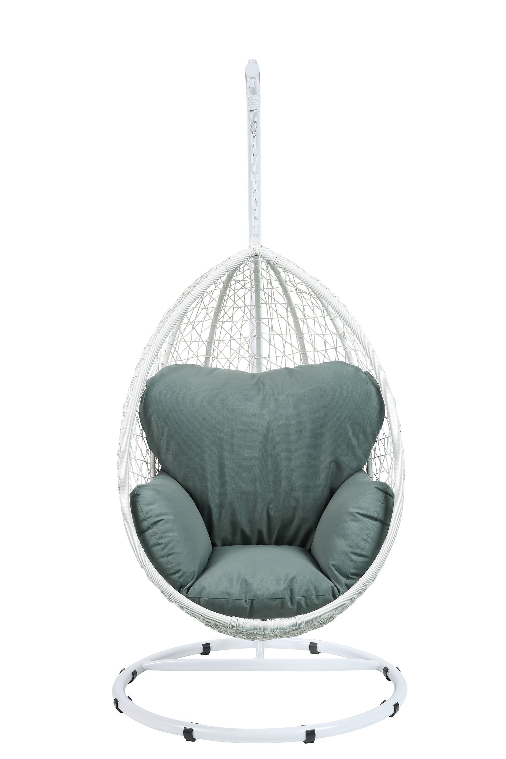 38" White Metal Swing Chair With Green Cushion-Outdoor Chairs-DECOROLALA