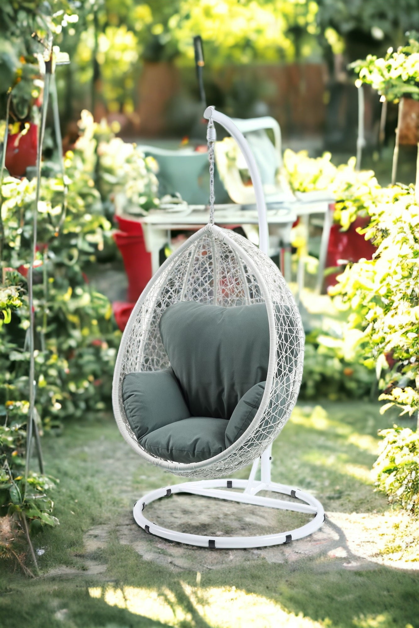 38" White Metal Swing Chair With Green Cushion-Outdoor Chairs-DECOROLALA