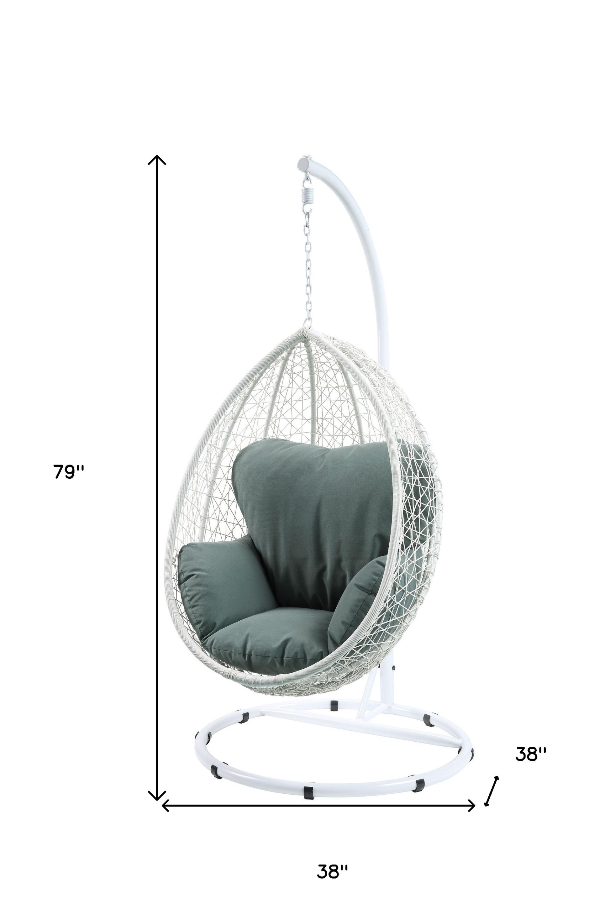 38" White Metal Swing Chair With Green Cushion-Outdoor Chairs-DECOROLALA