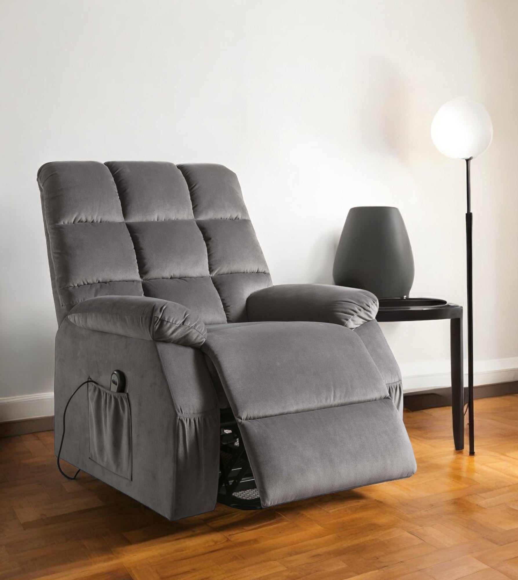 34" Gray Velvet Power Heated Massage Recliner-Recliners-DECOROLALA