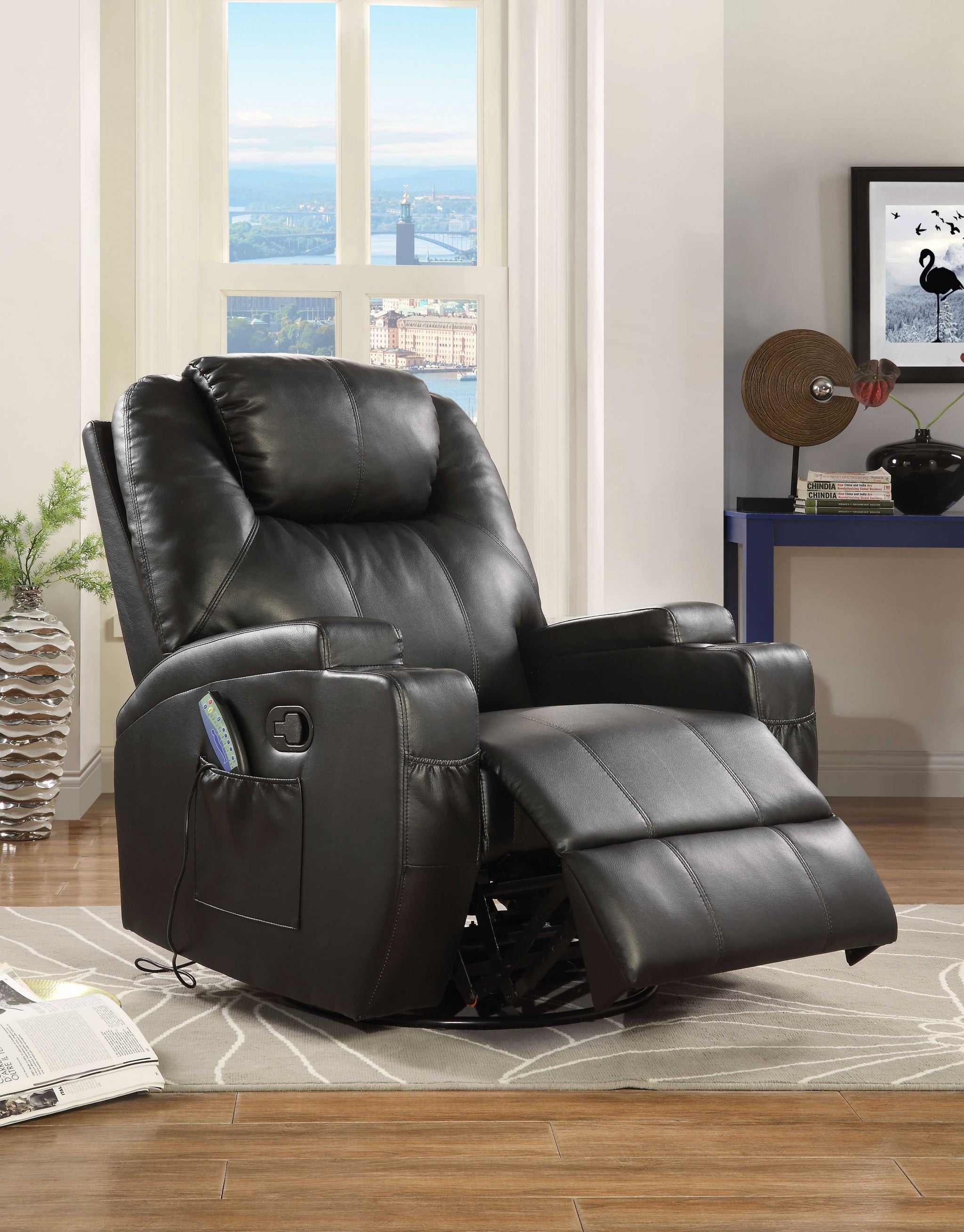34" Black Leather Match Power Heated Massage Recliner-Recliners-DECOROLALA