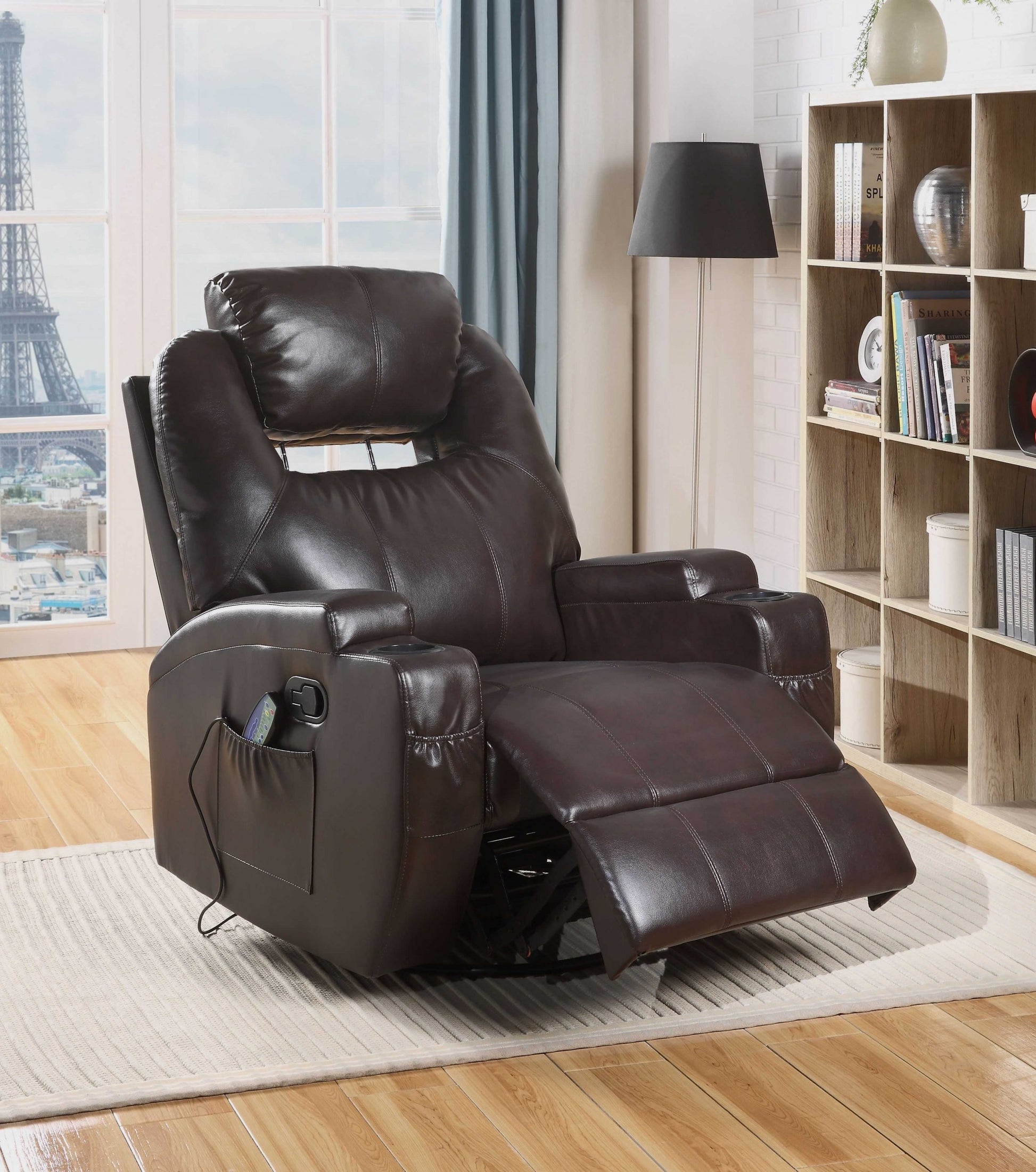34" Brown Faux Leather Heated Massage Home Theater Recliner-Recliners-DECOROLALA