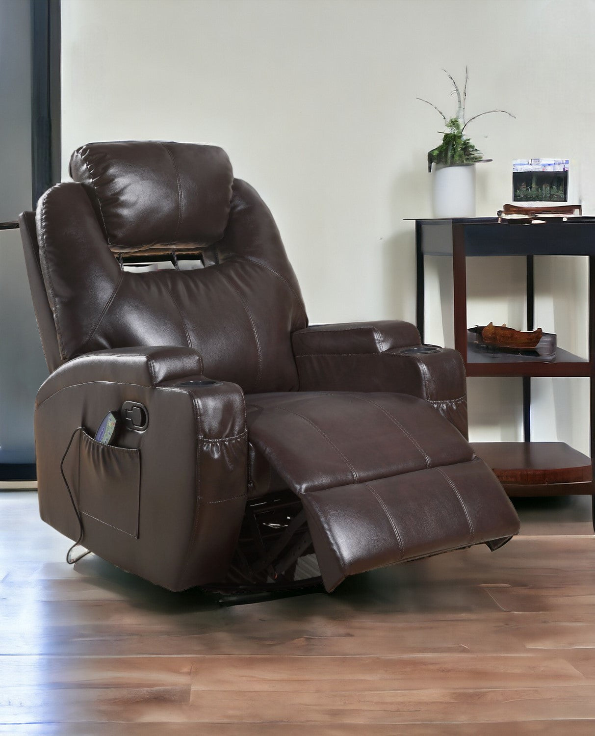 34" Brown Faux Leather Heated Massage Home Theater Recliner-Recliners-DECOROLALA