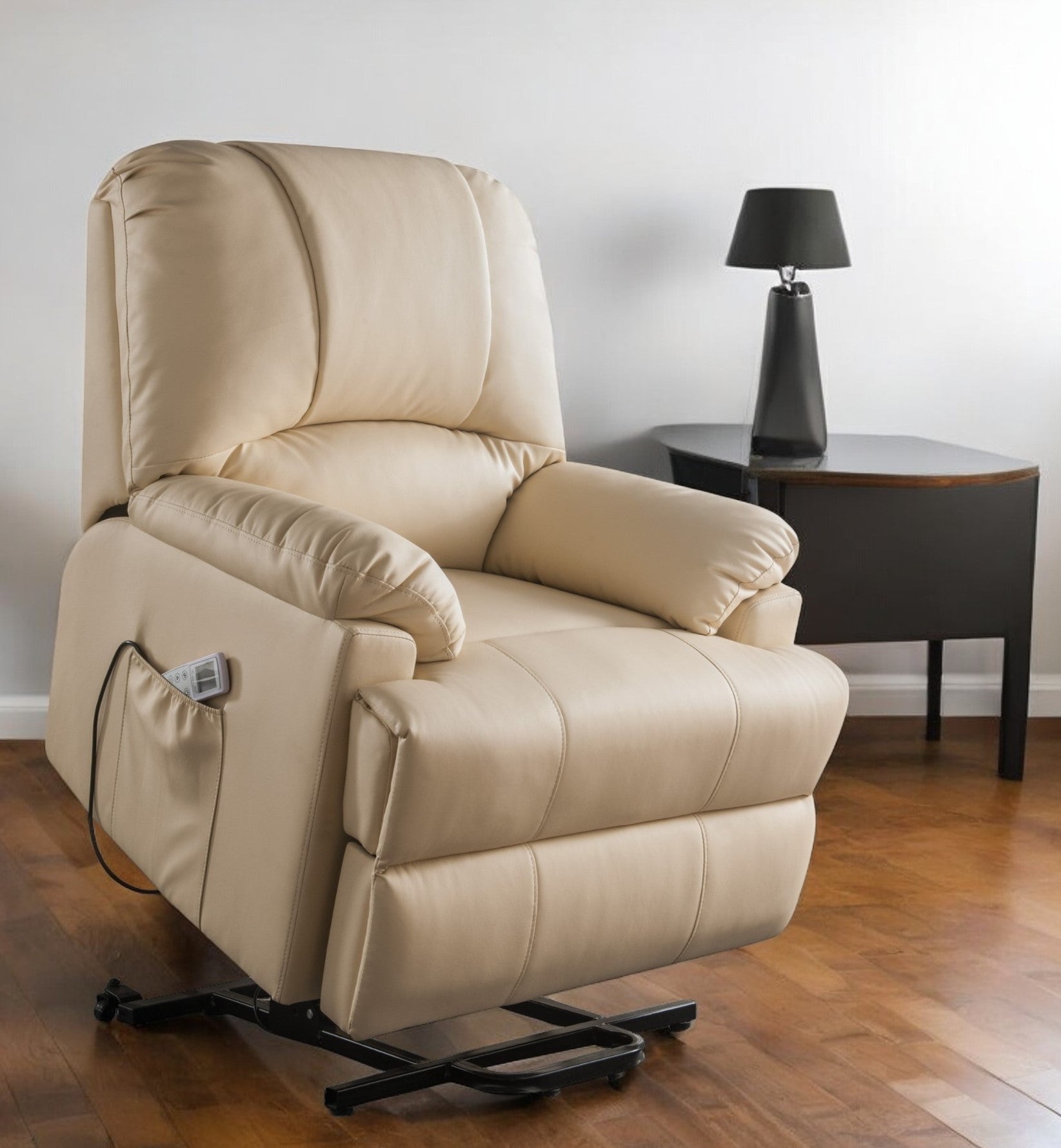 34" Beige Faux Leather Power Massage Lift Assist Recliner-Recliners-DECOROLALA