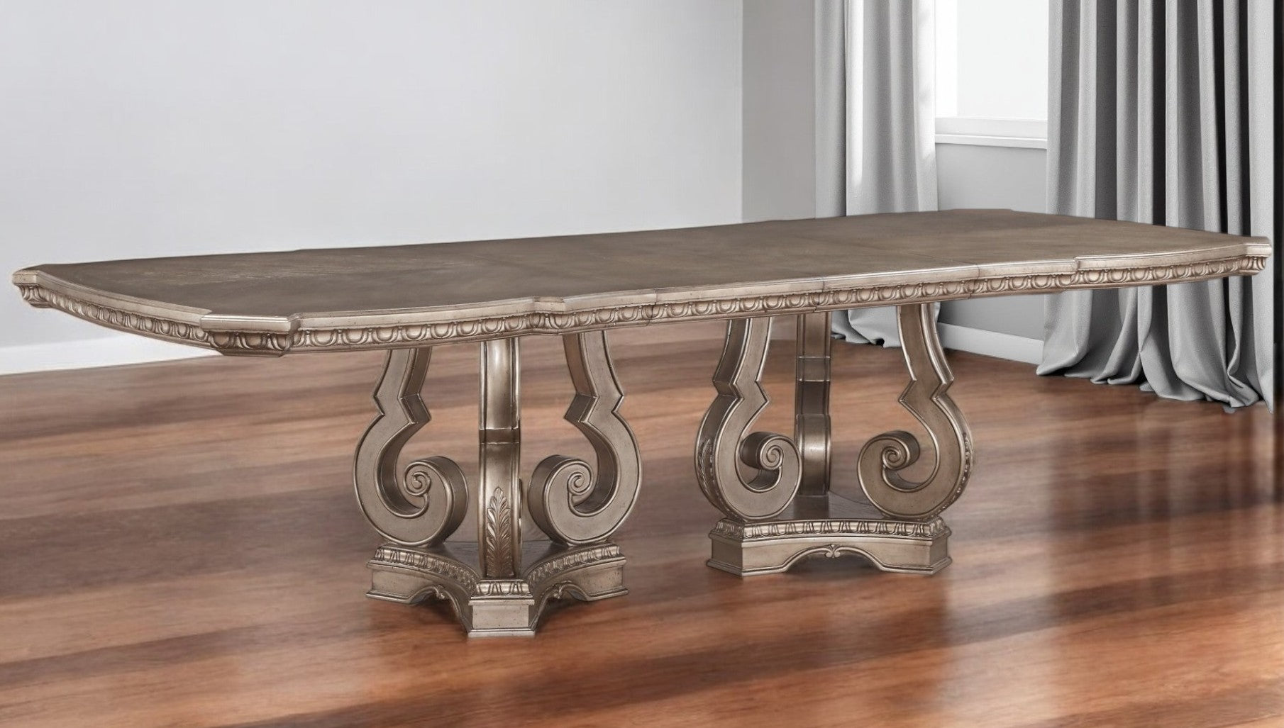 76" Champagne Solid Wood Double Pedestal Base Dining Table-Dining Tables-DECOROLALA