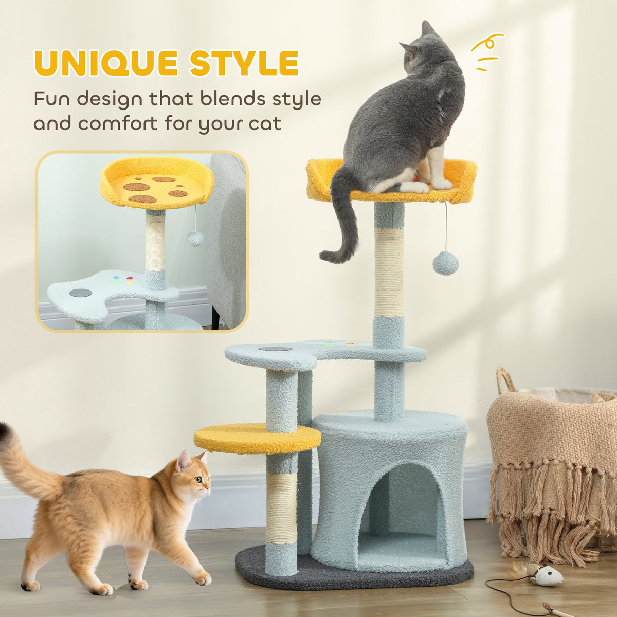 31.5" Cat Tree - Blue Pizza & Gamepad Design Tower with Condo-Cats-DECOROLALA