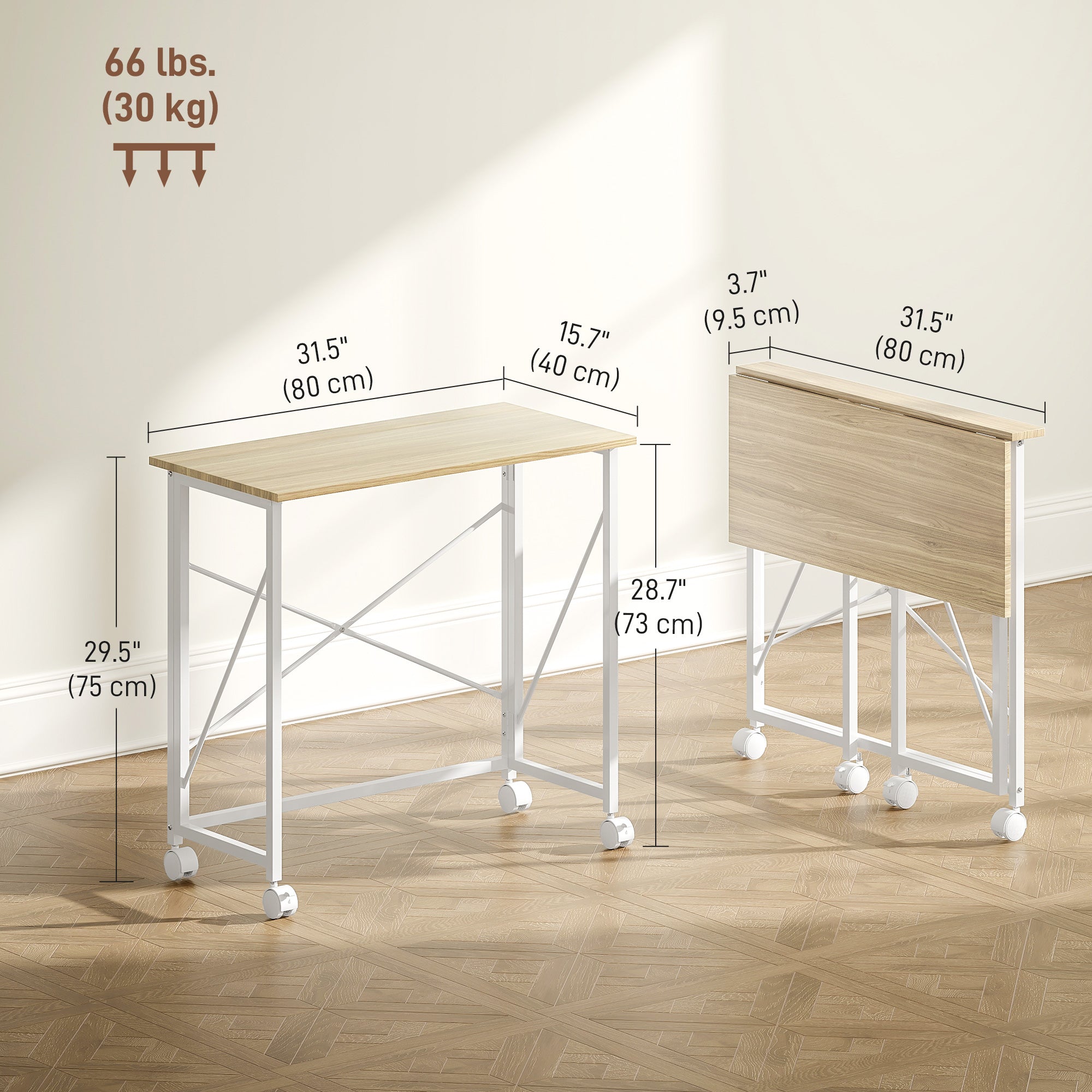 31.5" Folding Desk with Wheels - Natural Wood Finish-Sports & Recreation > Exercise Equipment > Strength Training Equipment > Dumbbells & Barbells-DECOROLALA