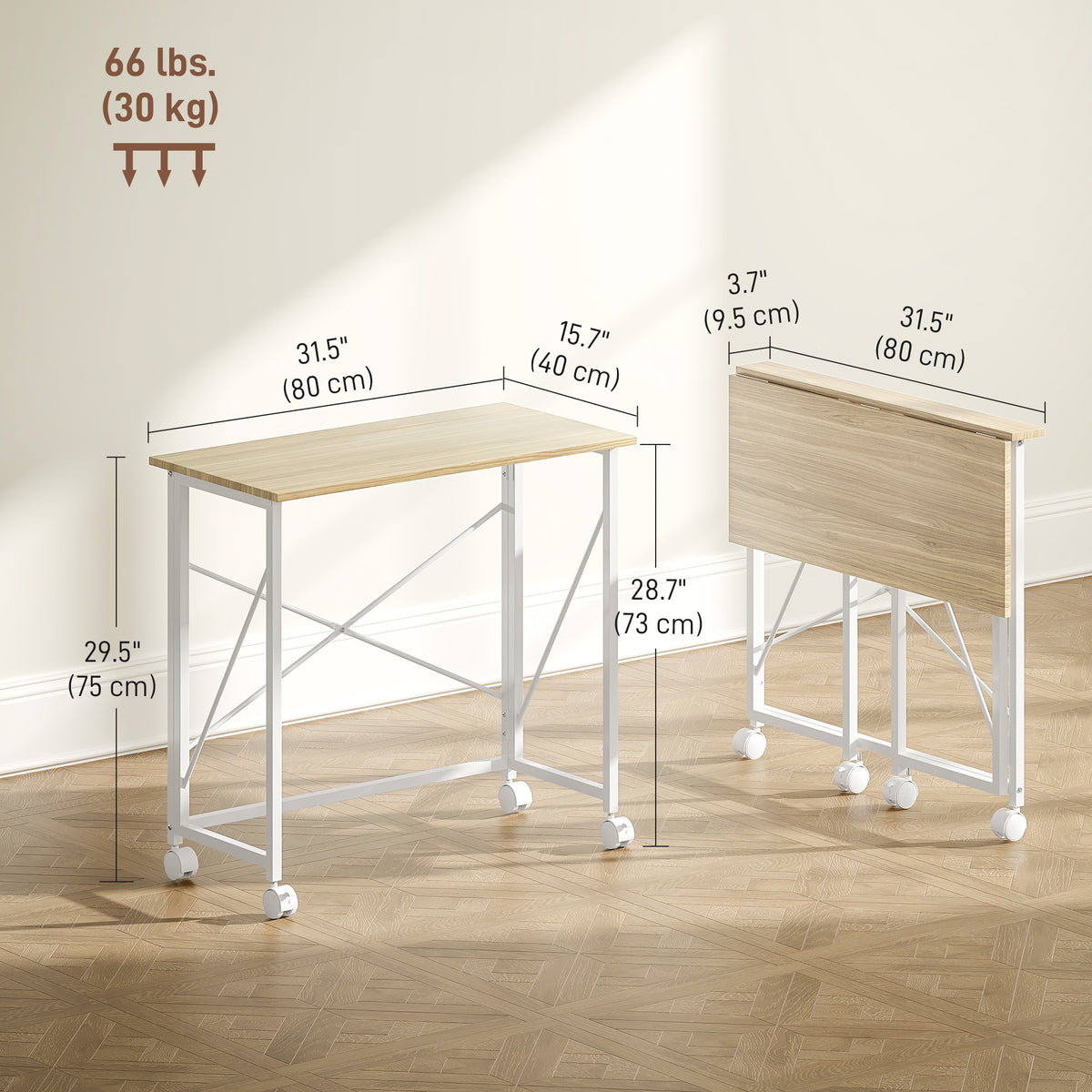 31.5" Folding Desk with Wheels - Natural Wood Finish-Sports & Recreation > Exercise Equipment > Strength Training Equipment > Dumbbells & Barbells-DECOROLALA