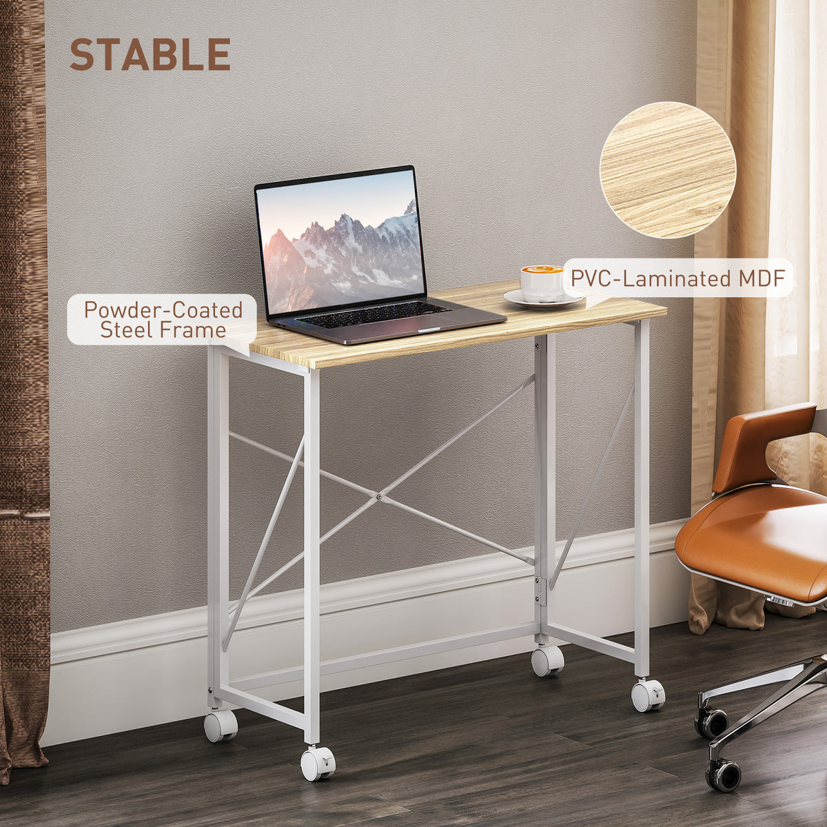 31.5" Folding Desk with Wheels - Natural Wood Finish-Sports & Recreation > Exercise Equipment > Strength Training Equipment > Dumbbells & Barbells-DECOROLALA
