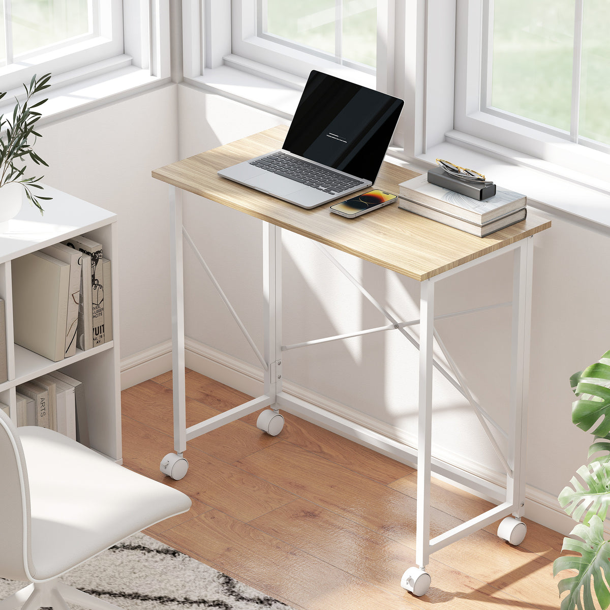 31.5" Folding Desk with Wheels - Natural Wood Finish-Sports & Recreation > Exercise Equipment > Strength Training Equipment > Dumbbells & Barbells-DECOROLALA