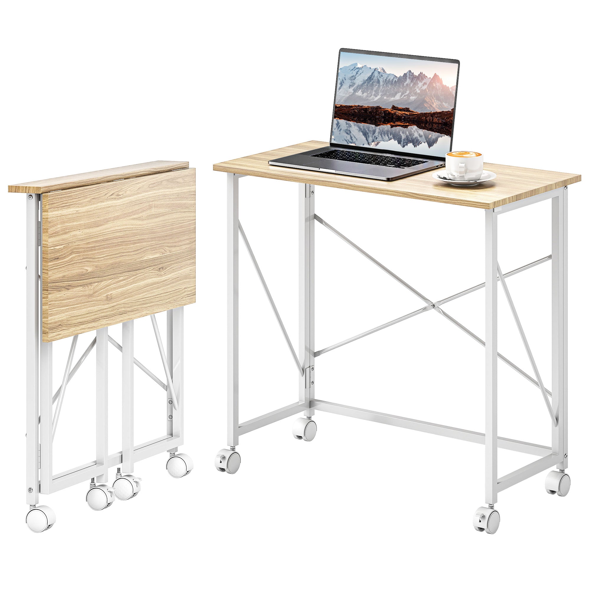 31.5" Folding Desk with Wheels - Natural Wood Finish-Sports & Recreation > Exercise Equipment > Strength Training Equipment > Dumbbells & Barbells-DECOROLALA