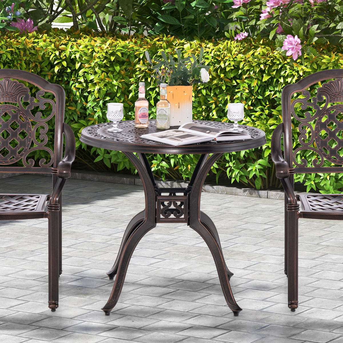 31.5 Inch Cast Aluminum Table Patio Round Dining Table with Umbrella Hole-Copper-Patio Coffee Tables-DECOROLALA