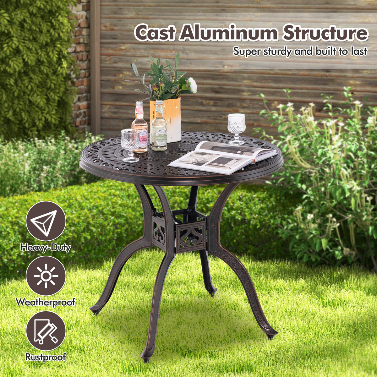 31.5 Inch Cast Aluminum Table Patio Round Dining Table with Umbrella Hole-Copper-Patio Coffee Tables-DECOROLALA