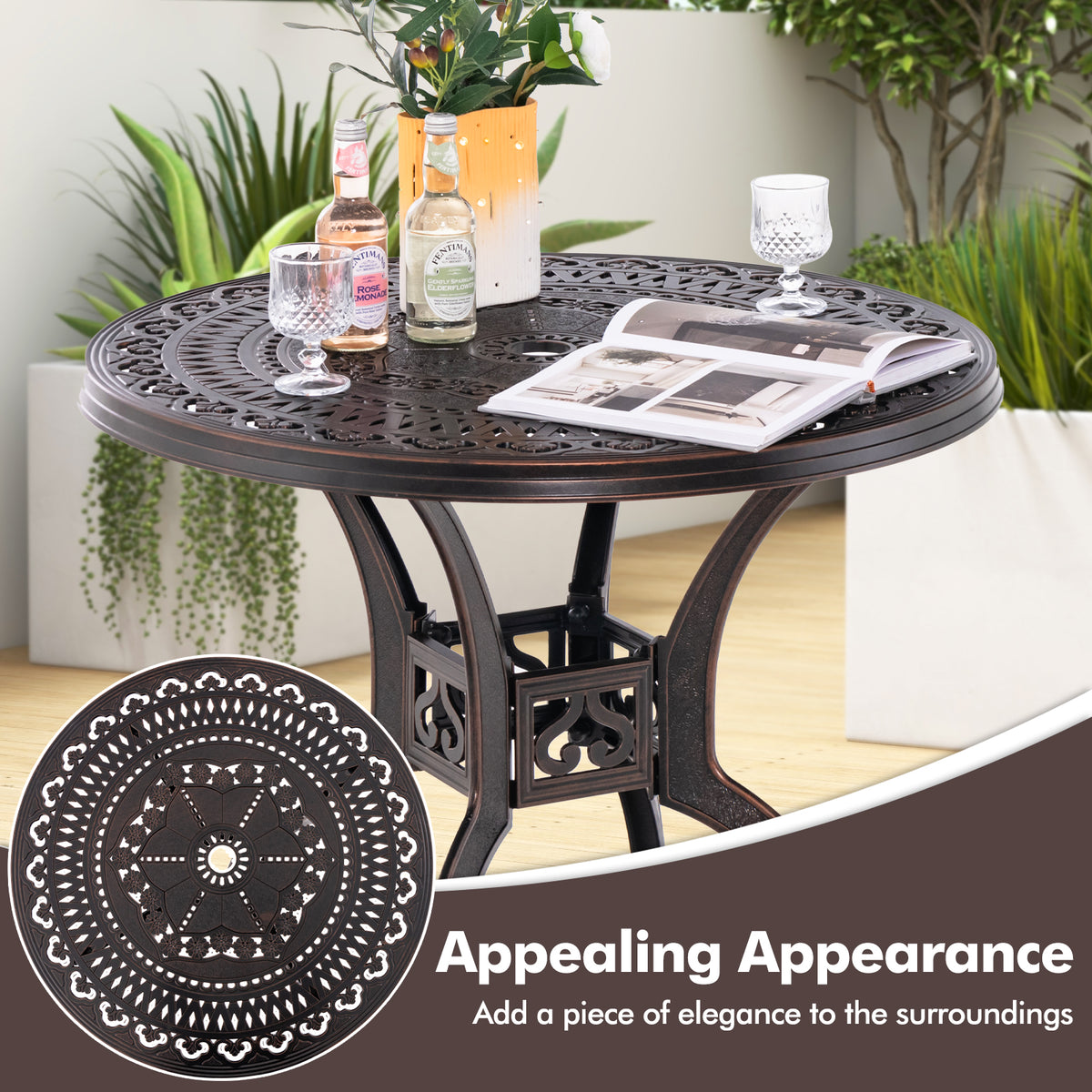 31.5 Inch Cast Aluminum Table Patio Round Dining Table with Umbrella Hole-Copper-Patio Coffee Tables-DECOROLALA