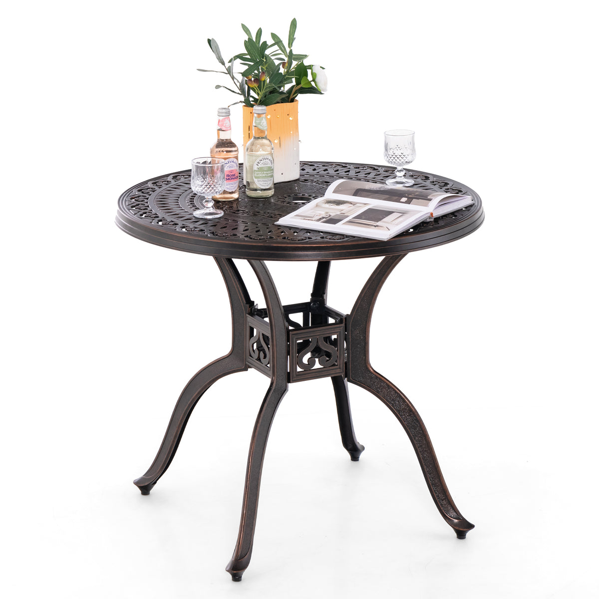 31.5 Inch Cast Aluminum Table Patio Round Dining Table with Umbrella Hole-Copper-Patio Coffee Tables-DECOROLALA