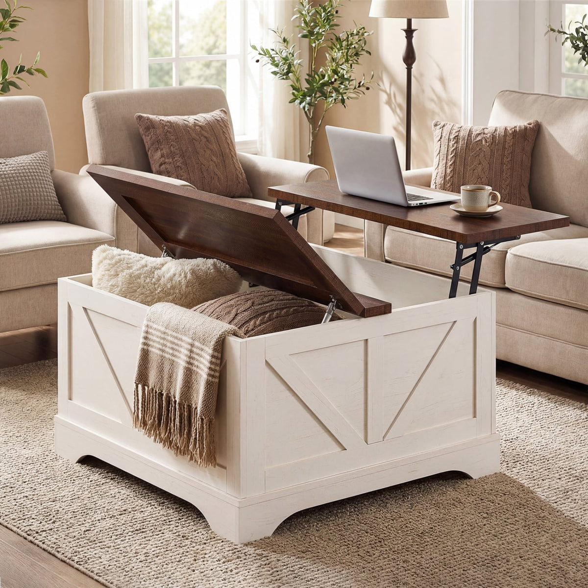 31.5 Inch Square Coffee Table with Lifting Tabletop and Hidden Compartment-Rustic Brown-Coffee Tables-DECOROLALA