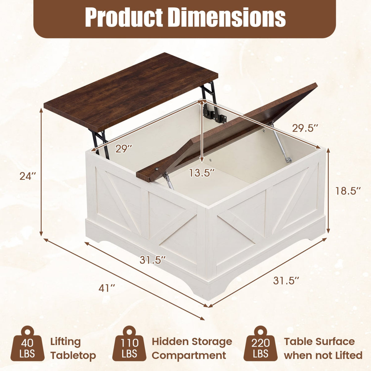 31.5 Inch Square Coffee Table with Lifting Tabletop and Hidden Compartment-Rustic Brown-Coffee Tables-DECOROLALA