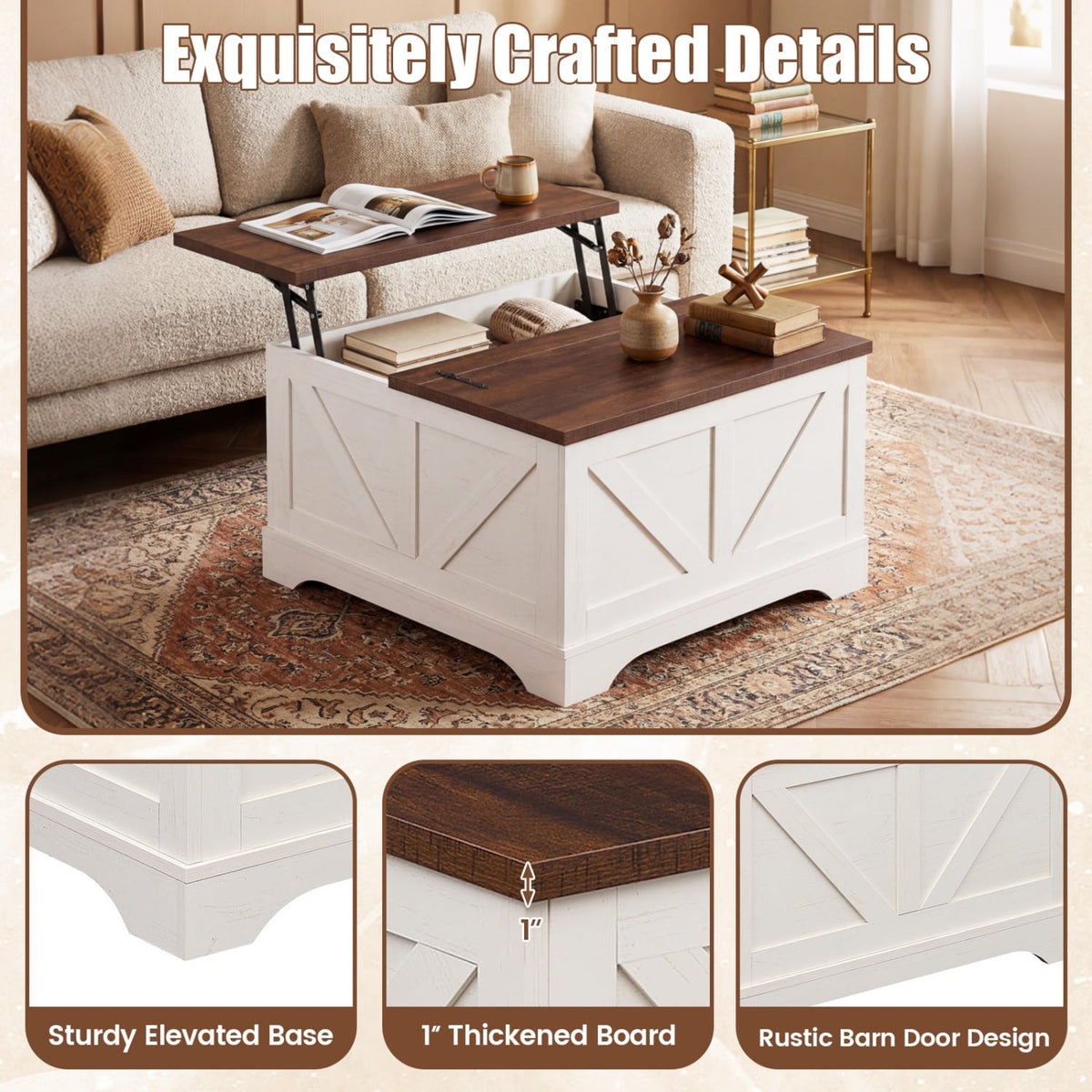 31.5 Inch Square Coffee Table with Lifting Tabletop and Hidden Compartment-Rustic Brown-Coffee Tables-DECOROLALA