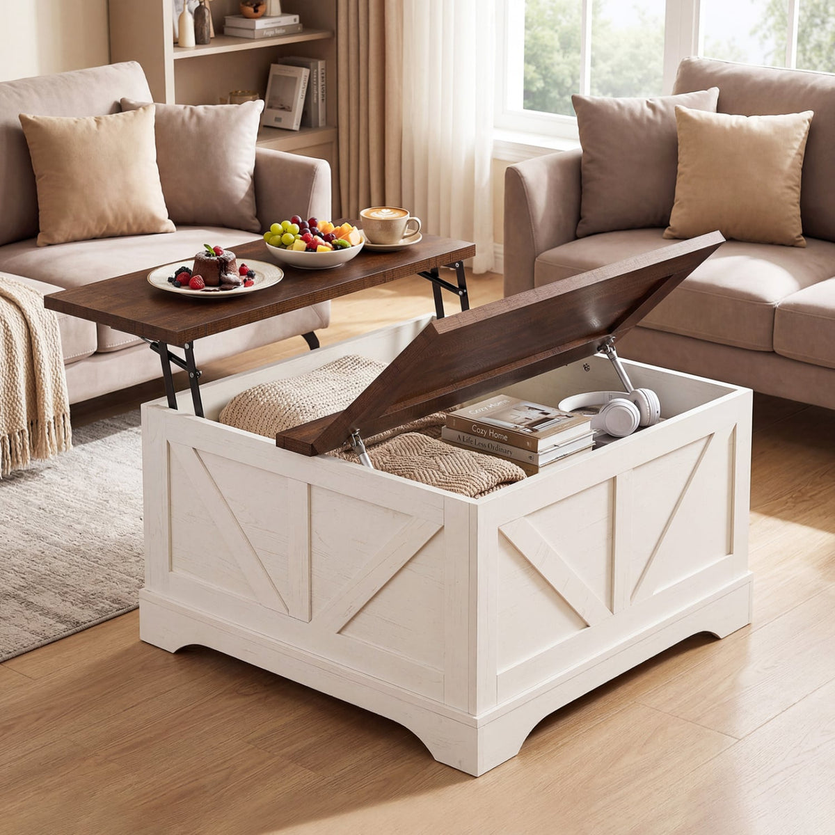 31.5 Inch Square Coffee Table with Lifting Tabletop and Hidden Compartment-Rustic Brown-Coffee Tables-DECOROLALA