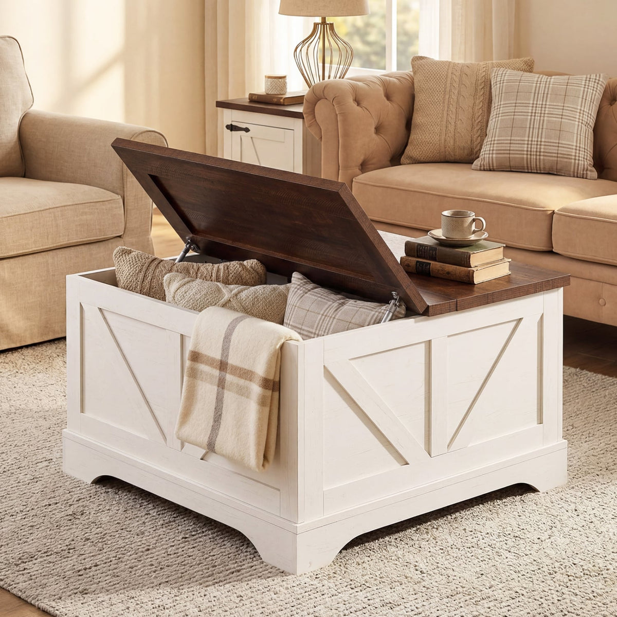 31.5 Inch Square Coffee Table with Lifting Tabletop and Hidden Compartment-Rustic Brown-Coffee Tables-DECOROLALA