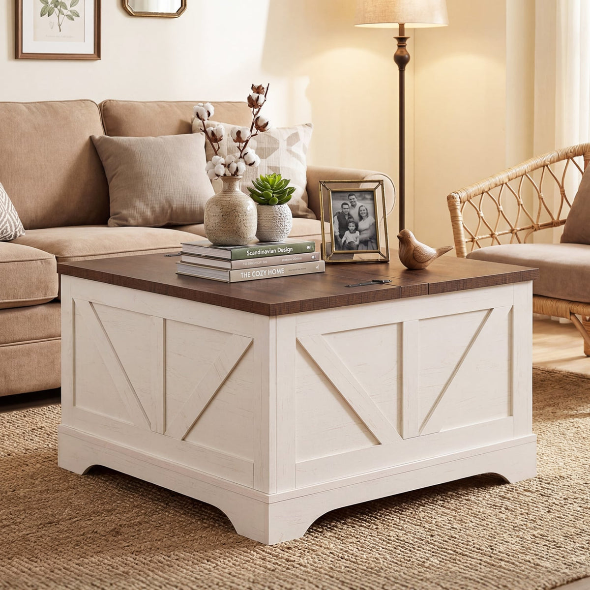 31.5 Inch Square Coffee Table with Lifting Tabletop and Hidden Compartment-Rustic Brown-Coffee Tables-DECOROLALA