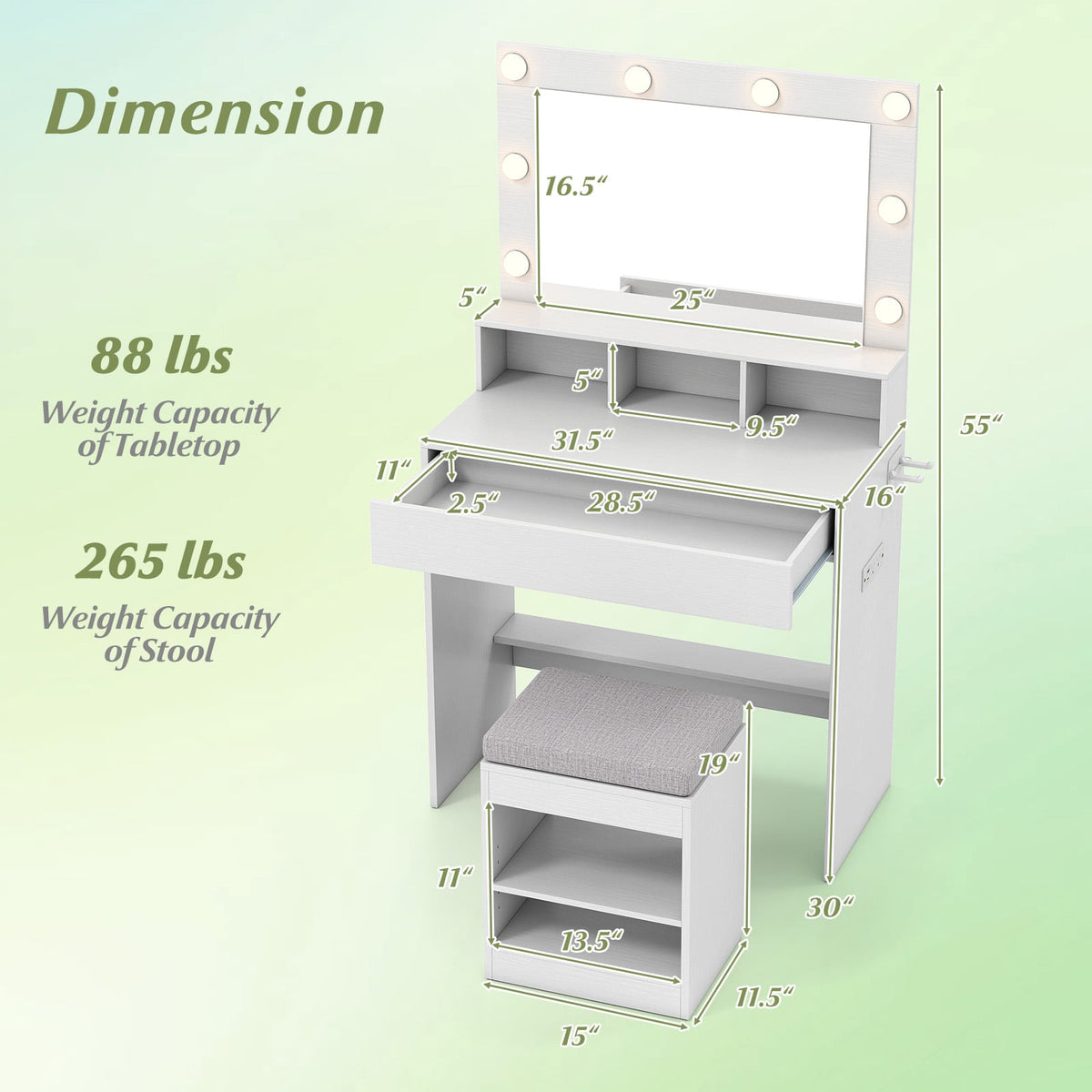 31.5 Inches Vanity Desk with 3 Lighting Modes and Storage Shelves-White-Makeup Vanities-DECOROLALA