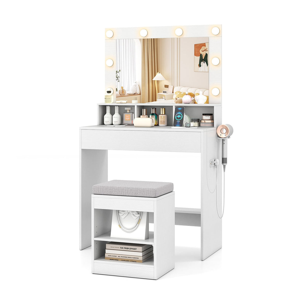 31.5 Inches Vanity Desk with 3 Lighting Modes and Storage Shelves-White-Makeup Vanities-DECOROLALA