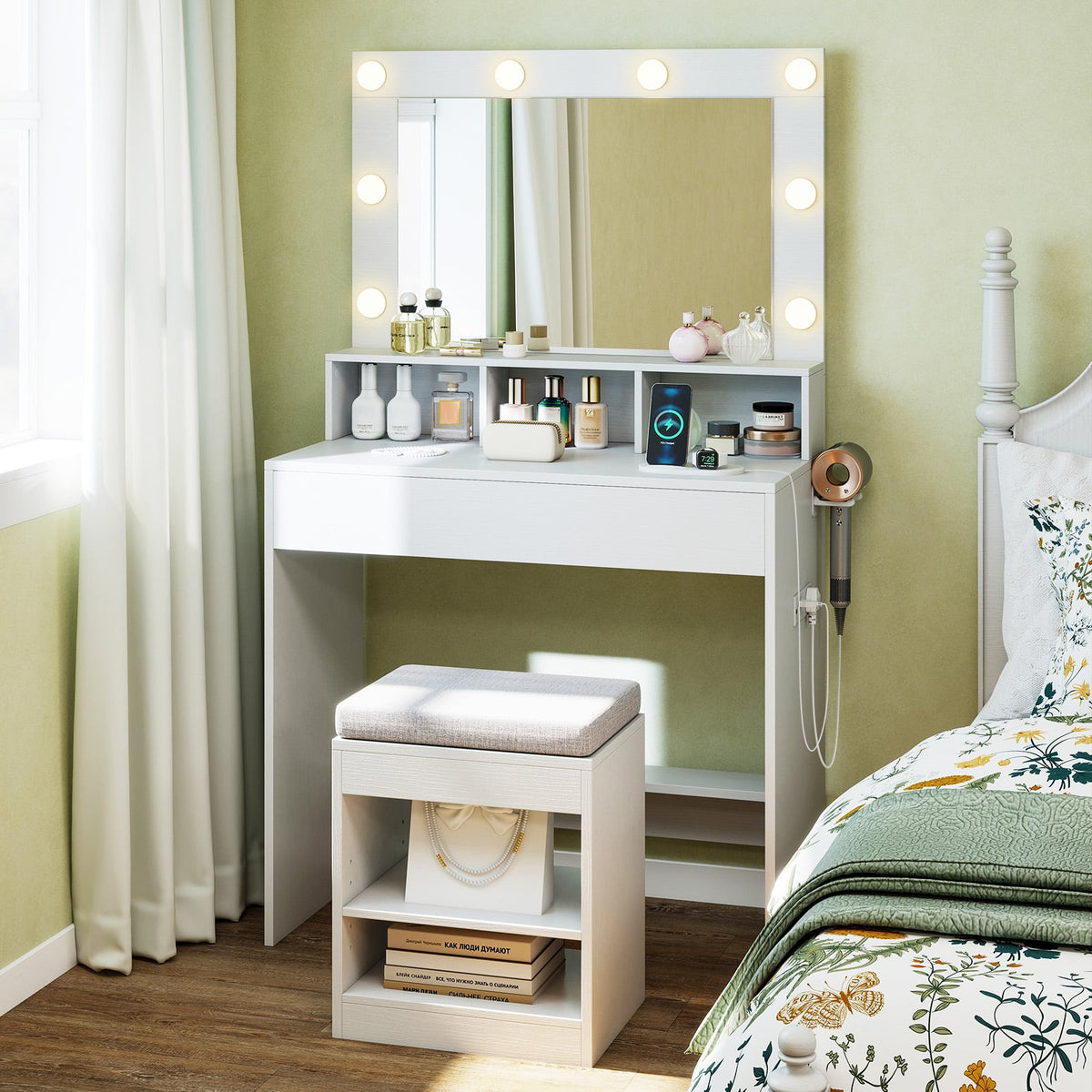 31.5 Inches Vanity Desk with 3 Lighting Modes and Storage Shelves-White-Makeup Vanities-DECOROLALA
