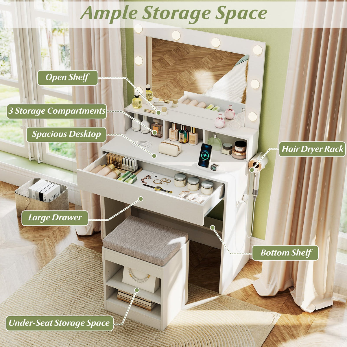 31.5 Inches Vanity Desk with 3 Lighting Modes and Storage Shelves-White-Makeup Vanities-DECOROLALA