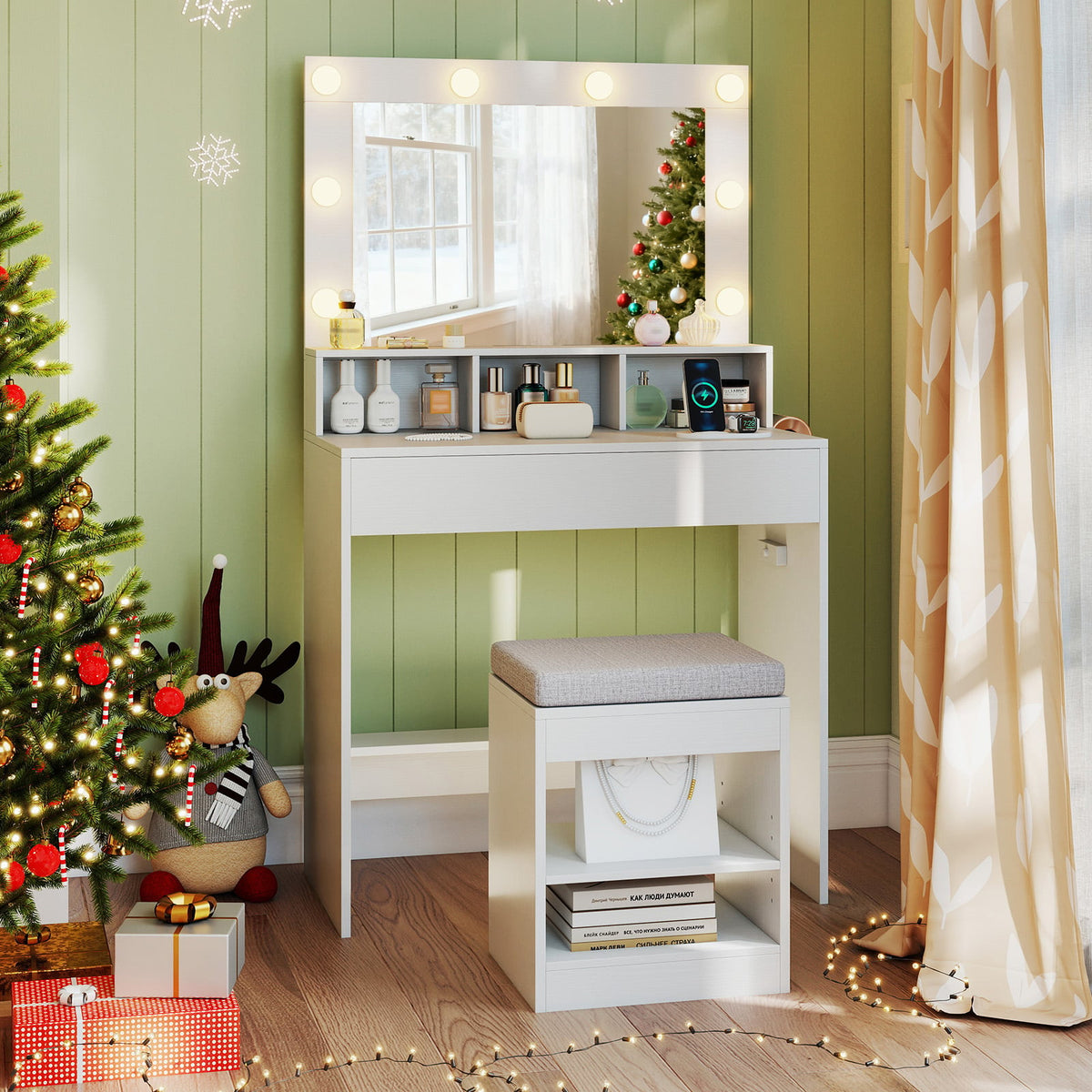 31.5 Inches Vanity Desk with 3 Lighting Modes and Storage Shelves-White-Makeup Vanities-DECOROLALA