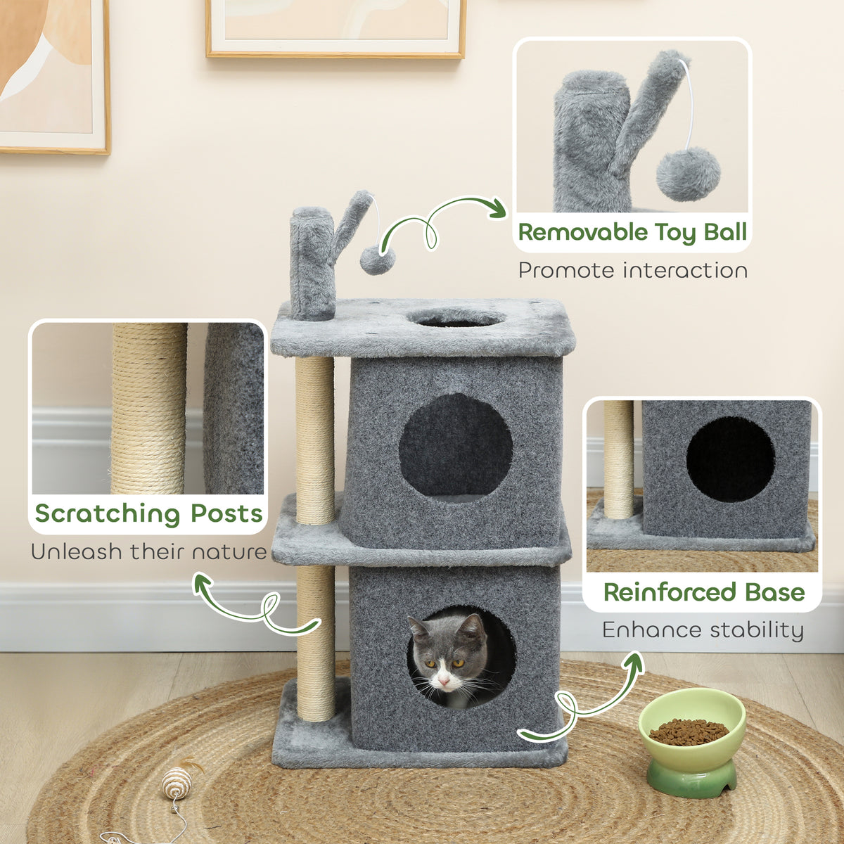 31.5" Multi-Level Cat Tree with 2 Condos and Sisal Posts - Grey-Cats-DECOROLALA