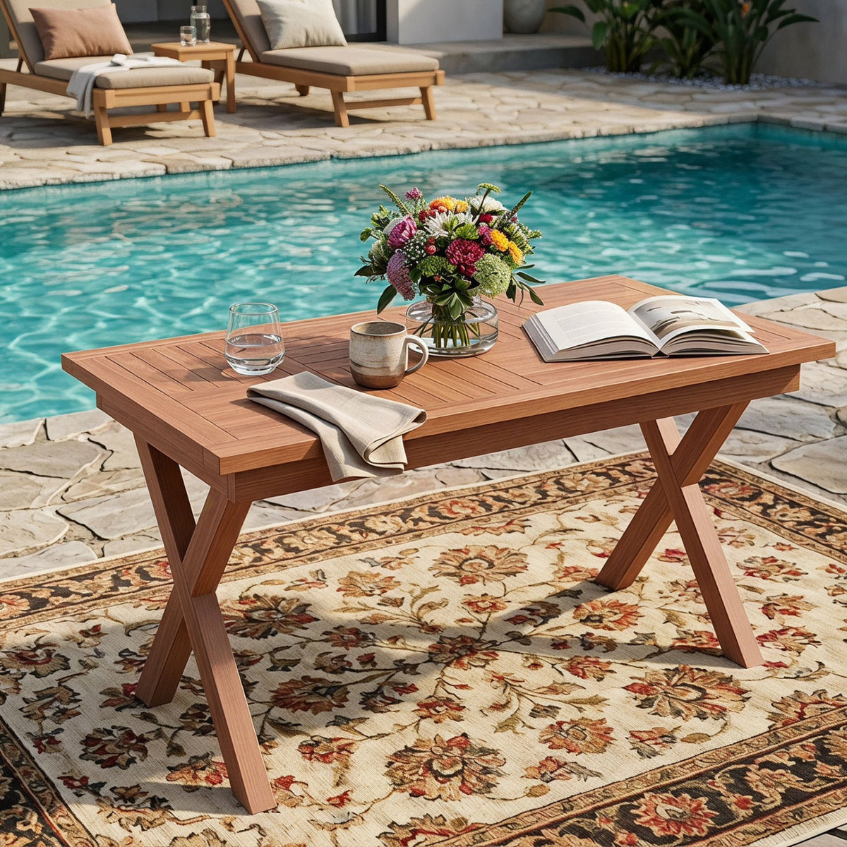31.5" Outdoor Teak Wood Coffee Table with Slatted Tabletop for Patio-Patio Coffee Tables-DECOROLALA