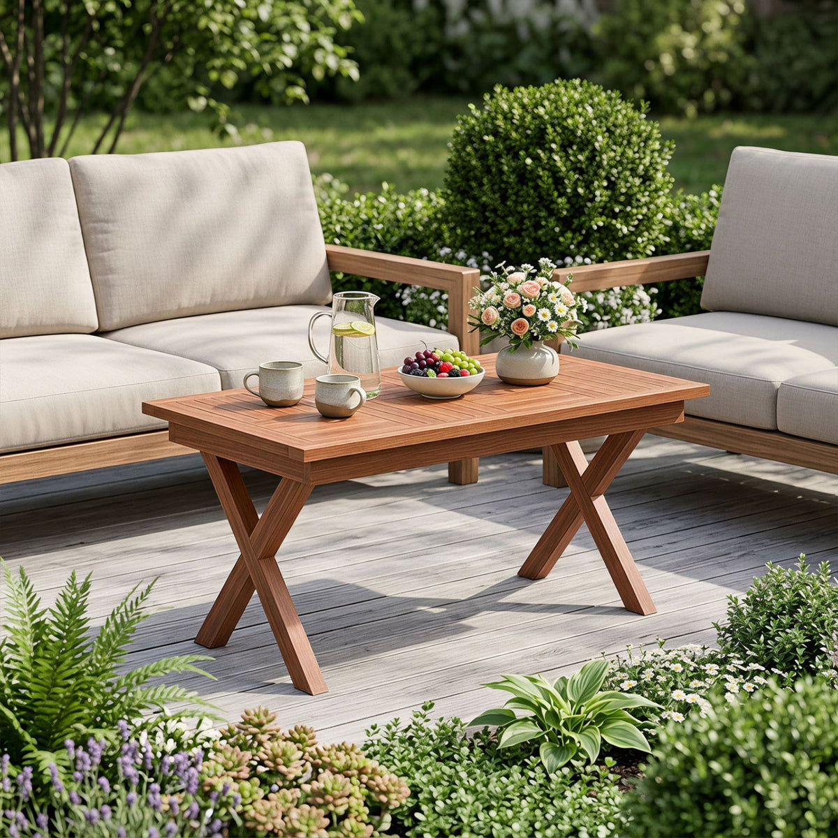31.5" Outdoor Teak Wood Coffee Table with Slatted Tabletop for Patio-Patio Coffee Tables-DECOROLALA
