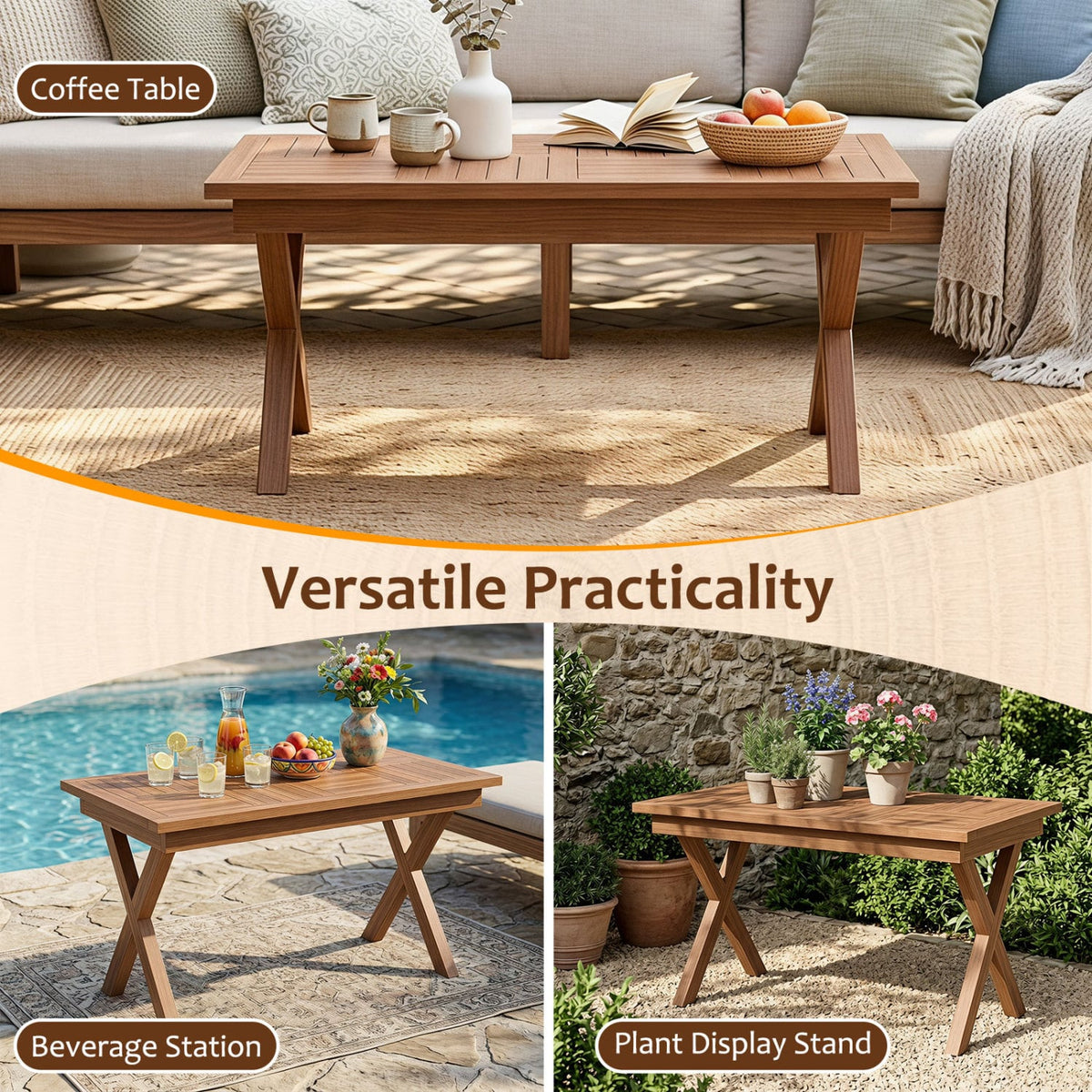 31.5" Outdoor Teak Wood Coffee Table with Slatted Tabletop for Patio-Patio Coffee Tables-DECOROLALA