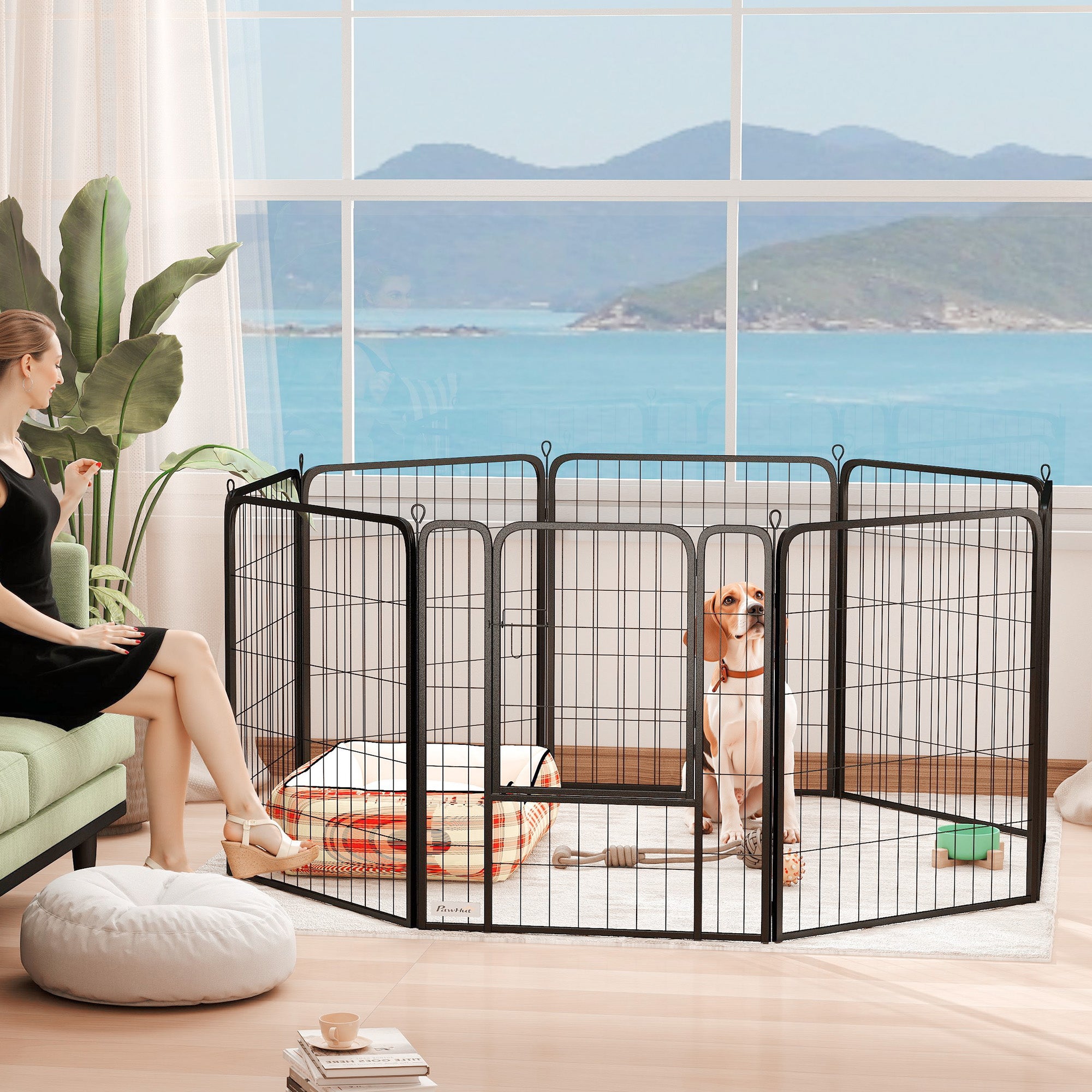 31.5" Portable 8-Panel Steel Dog Playpen - Black Foldable Pet Pen-Dogs-DECOROLALA