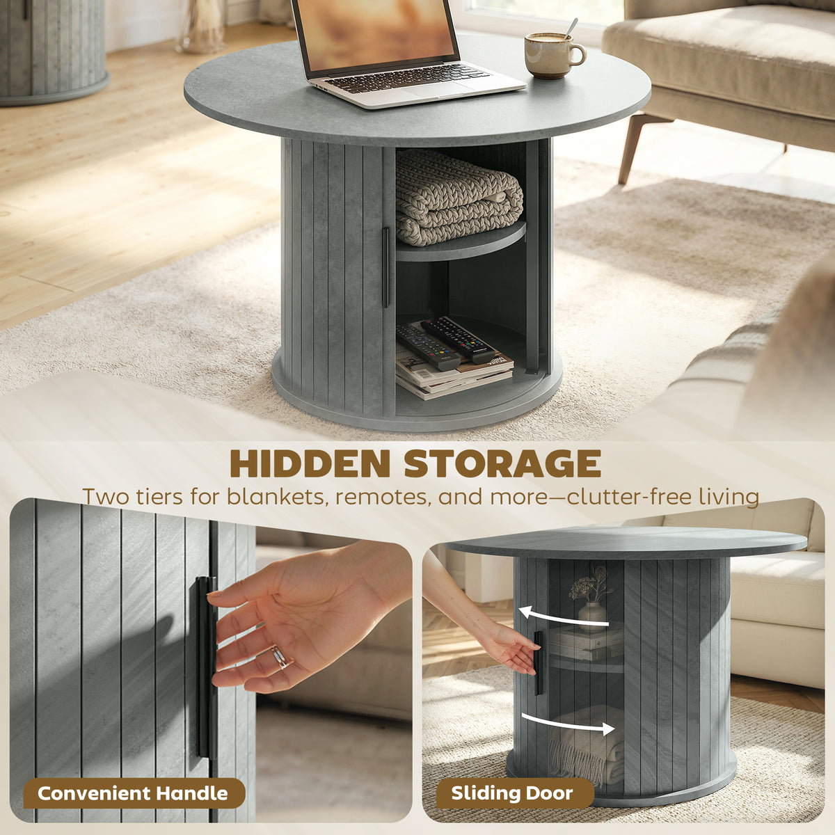 31.5" Round Coffee Table with Storage - Cement Grey-Home Furnishings > Living Room Furniture > Coffee Tables-DECOROLALA