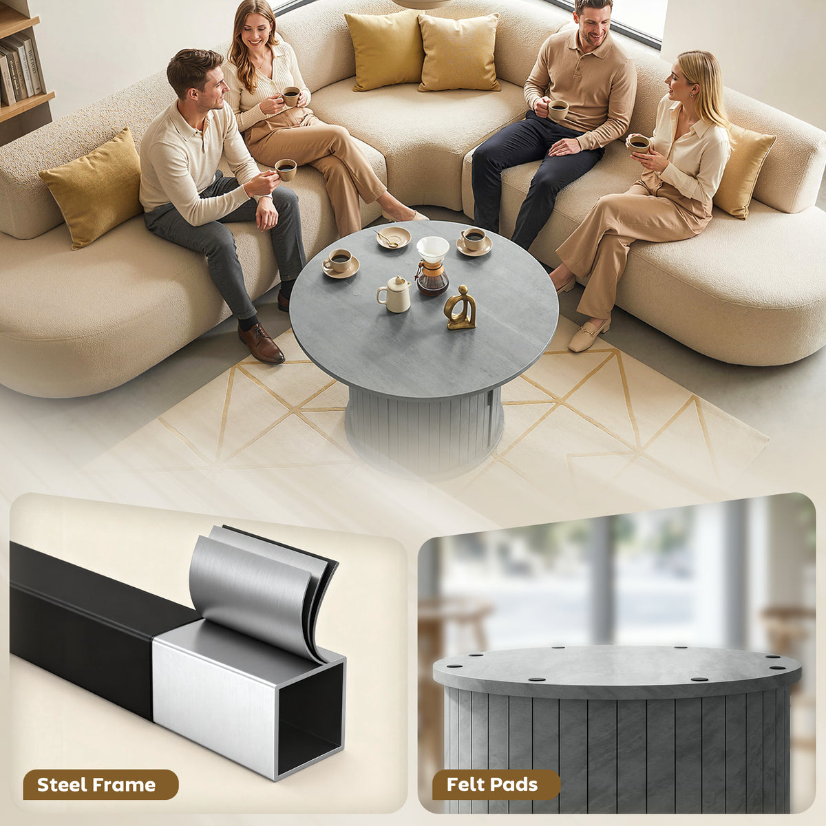 31.5" Round Coffee Table with Storage - Cement Grey-Home Furnishings > Living Room Furniture > Coffee Tables-DECOROLALA
