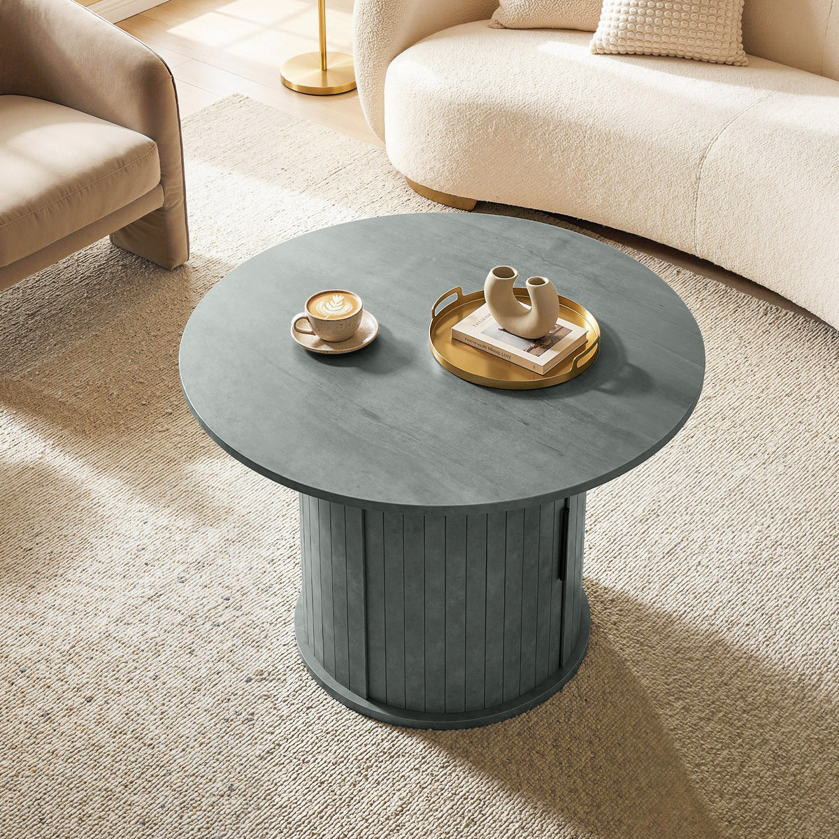 31.5" Round Coffee Table with Storage - Cement Grey-Home Furnishings > Living Room Furniture > Coffee Tables-DECOROLALA