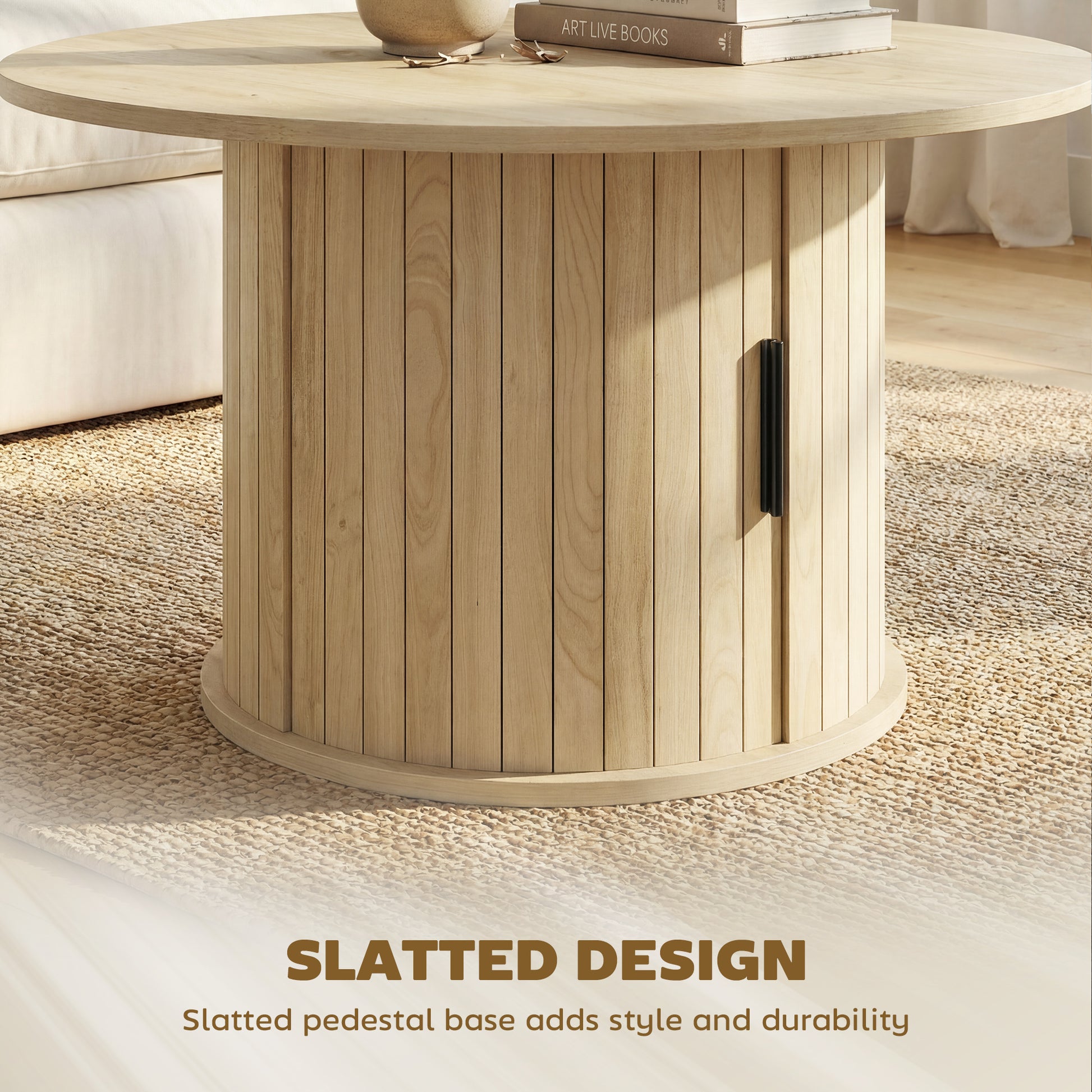 31.5" Round Coffee Table with Storage - Natural Wood-Home Furnishings > Living Room Furniture > Coffee Tables-DECOROLALA
