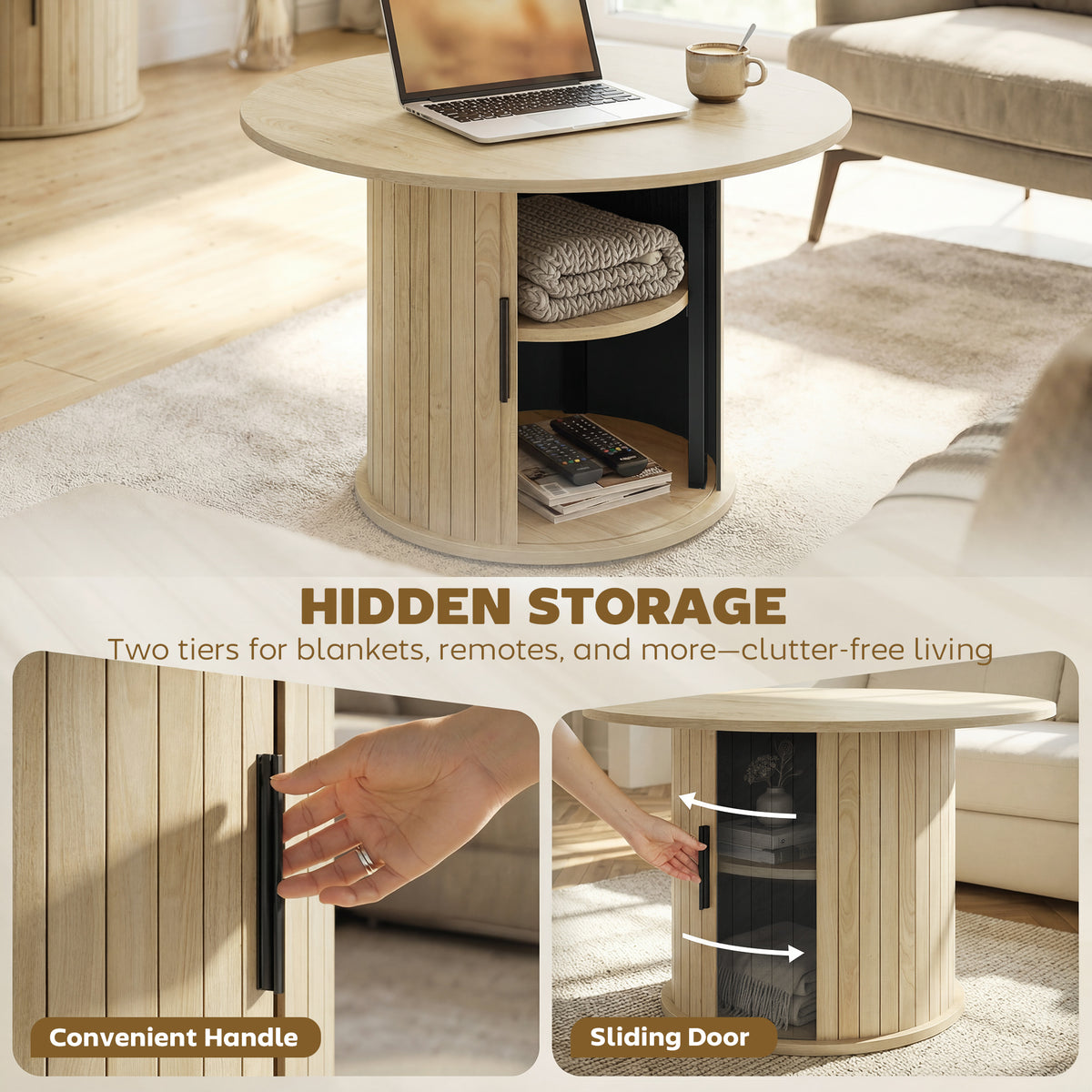 31.5" Round Coffee Table with Storage - Natural Wood-Home Furnishings > Living Room Furniture > Coffee Tables-DECOROLALA