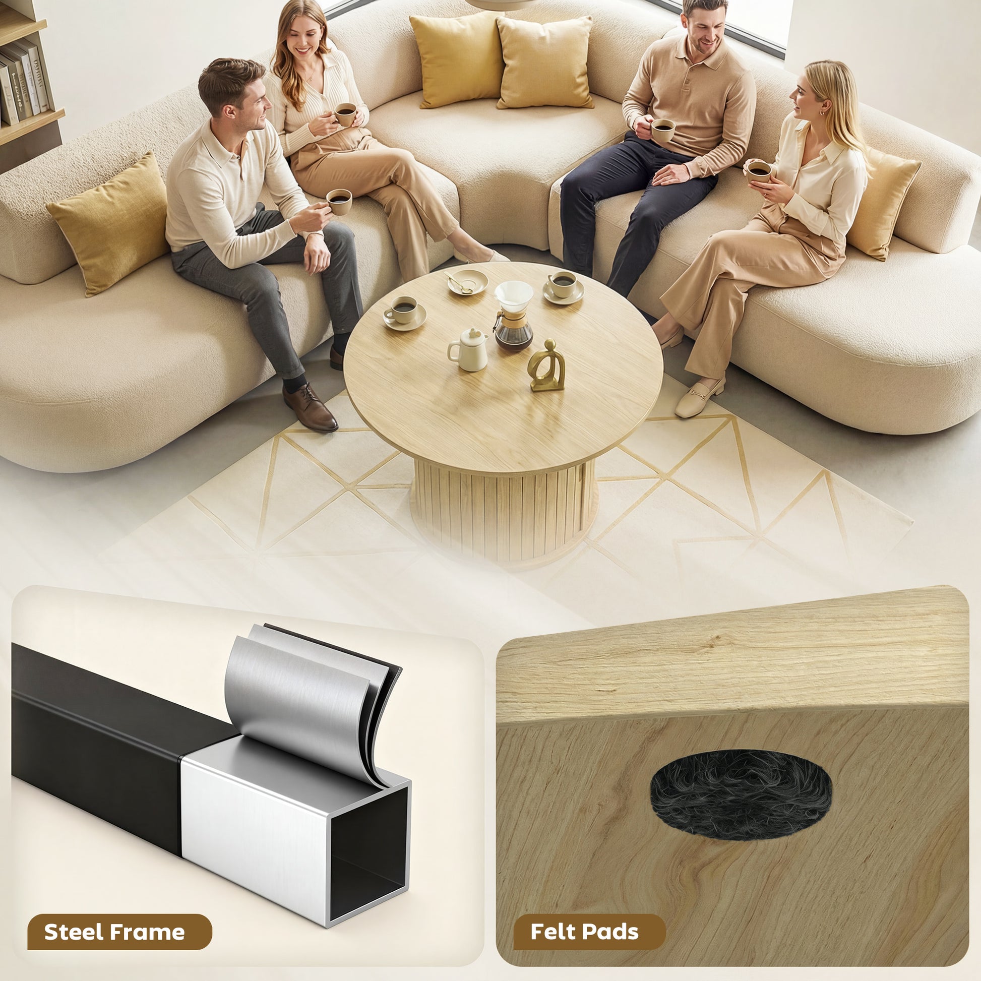 31.5" Round Coffee Table with Storage - Natural Wood-Home Furnishings > Living Room Furniture > Coffee Tables-DECOROLALA