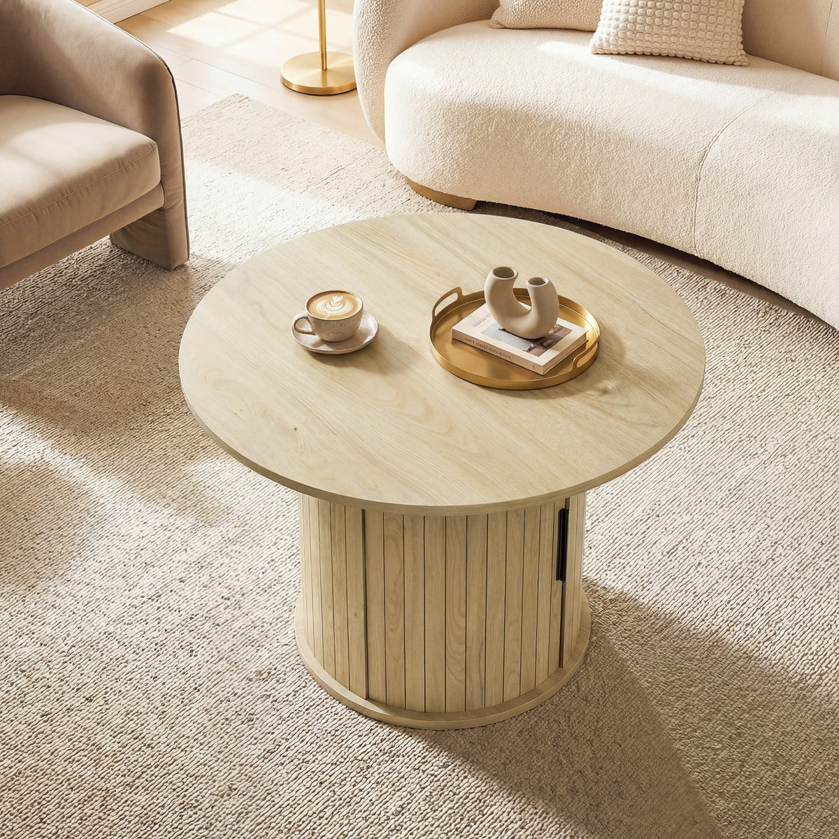 31.5" Round Coffee Table with Storage - Natural Wood-Home Furnishings > Living Room Furniture > Coffee Tables-DECOROLALA