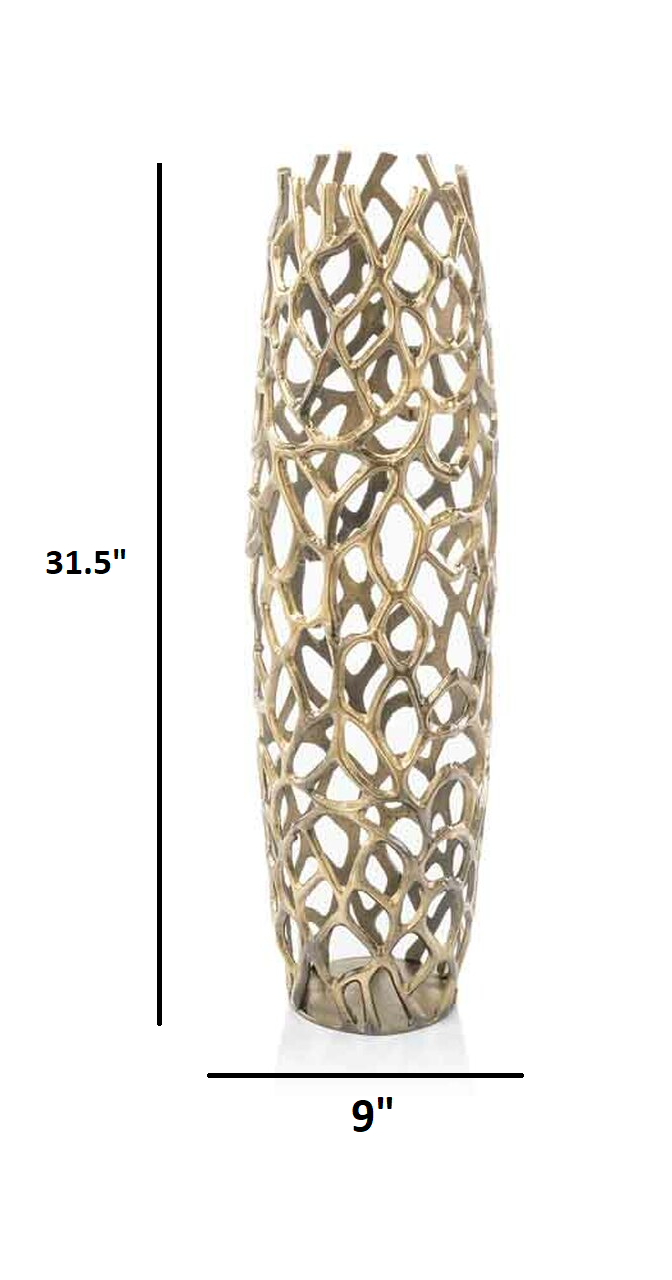 32" Aluminum Gold Twigs Cylinder Floor Vase-Vases-DECOROLALA
